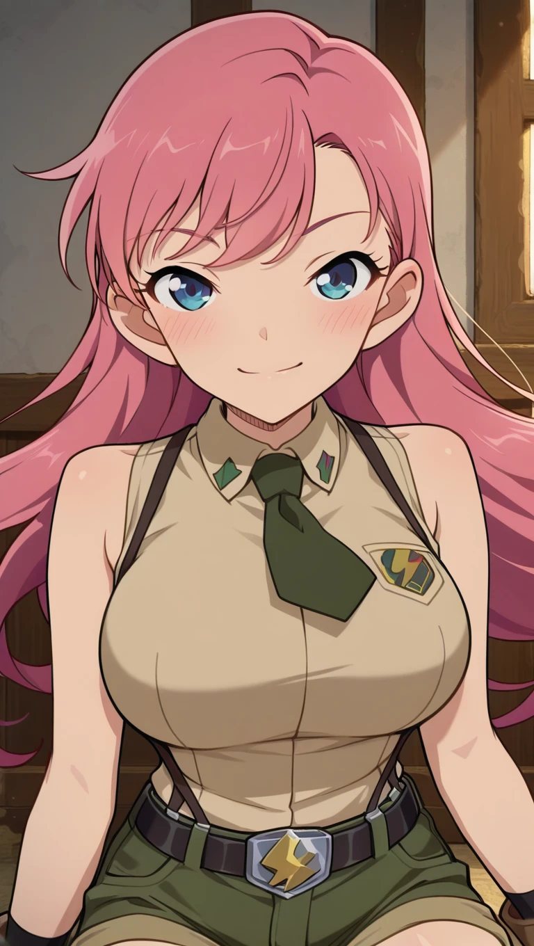 (masterpiece),best quality,amazing quality,very aesthetic,absurdres,newest,perfect body,shiny skin,perfect eyes,detail1eye,well-defined fingers,well-defined fingernails,anime style,indoors,1girl,solo,upper body,(portrait:1.5),looking at viewer,facing viewer,smile,blush,Aoyama Gosho style,Novice female,Novice female uniform,very long hair,pink hair,floating hair,bangs,blue eyes,half-closed eyes,collared shirt,sleeveless shirt,beige shirt,large breasts,dark green necktie,bare arms,fingerless gloves,black belt,suspender shorts,green shorts,short shorts,shorts rolled up,zettai ryouiki,black thighhighs,boots,<lora:TNT-Novice female(tnt)-Illus:1.6>,