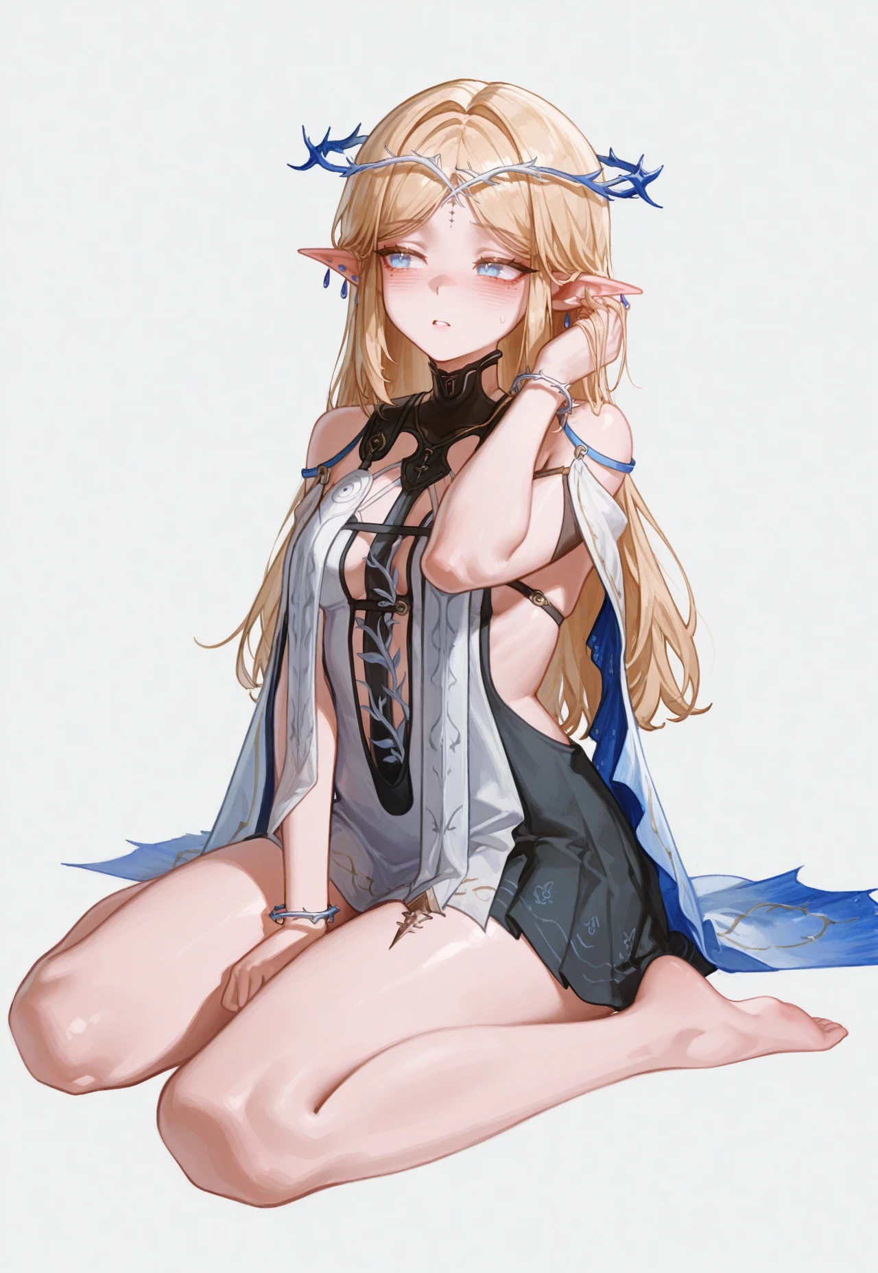 (artist:nekodayo22:0.8,)  [artist:nyantcha:0.6,  artist:sweetonedollar:0.8,  artist:quasarcake:0.8, artist:stmast:0.6, artist:tianliang duohe fangdongye:0.6,] 
full body, 1girl, solo,  looking at viwer, embarrassed, blush, parted lips,  cartethyia \(wuthering waves\), blue eyes, parted bangs, elf, circlet, bracelet, dress, bare shoulders, jewelry, hand in own hair, wariza, barefoot, dynamic pose:0.2, 
white background, simple background,  
masterpiece, best quality, amazing quality, [[very aesthetic]], <lora:cartethyia-wuthering_waves:1>