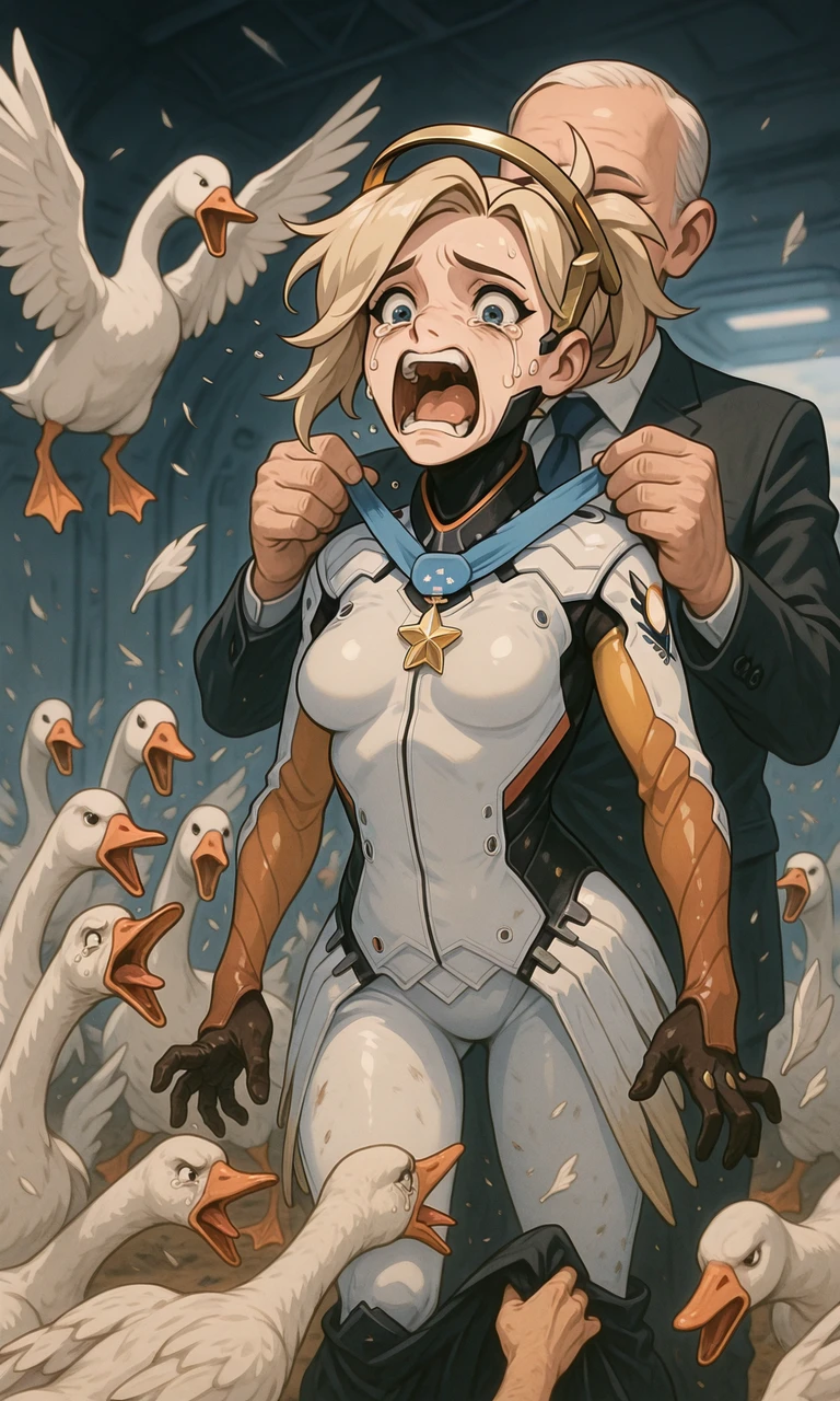 embedding:IllusP0s, holding medal of honor from behind, tears, screaming, goose ambush, 6+ geese, mercy_\(overwatch\), cowering, scared, 1girl, solo, white bodysuit,1boy, suit,<lora:goose ambush_illustrious.safetensors:1.0:1.0> <lora:holding medal of honor from behind_illustrious.safetensors:1.0:1.0>