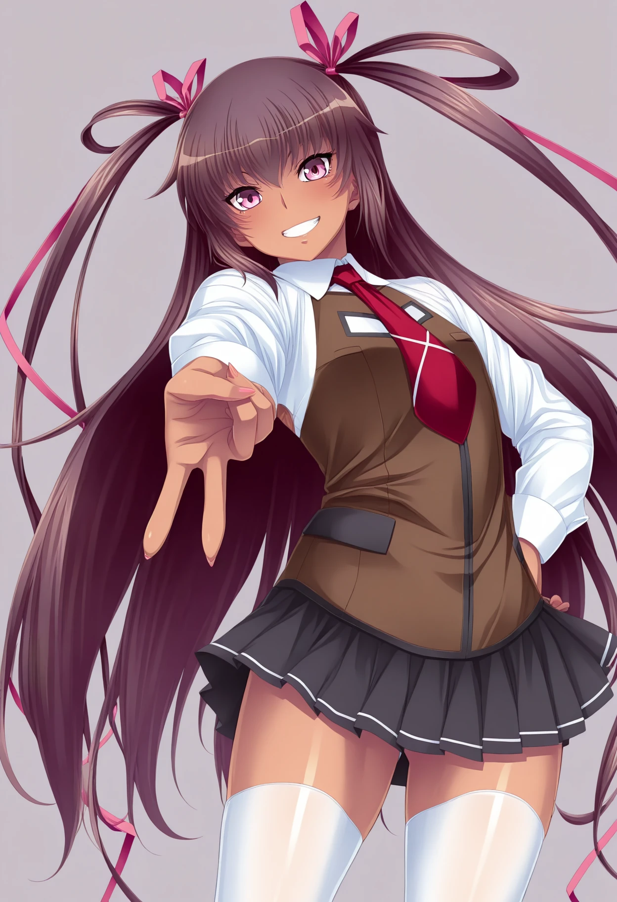 masterpiece, 1girl, c-mizuki, purple eyes, very long hair, brown hair, two side up, hair ribbon, one-piece tan, white collared shirt, red necktie, long sleeves, brown vest, black pleated skirt, white thighhighs, c-gya, v, looking at viewer, simple background, hand on own hip, grin,