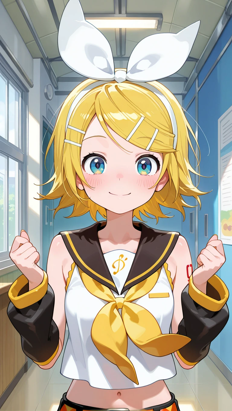 (masterpiece),best quality,amazing quality,very aesthetic,absurdres,newest,perfect body,shiny skin,perfect eyes,detail1eye,well-defined fingers,well-defined fingernails,anime style,indoors,1girl,solo,upper body,(portrait:1.5),looking at viewer,facing viewer,smile,blush,Medalist anime style,kagamine rin,short hair,blonde hair,floating hair,white hairband,hair bow,white bow,hairclip,swept bangs,blue eyes,collarbone,bare shoulders,black sailor collar,white shirt,sleeveless shirt,crop top,midriff,yellow neckerchief,black sleeves,detached sleeves,medium breasts,navel,stomach,orange belt,fringe,short shorts,black shorts,leg warmers,white footwear,<lora:Kagamine Rin(voc)-Illus-Remake:1.6>,<lora:Medalist anime[style]-Illus :2>,