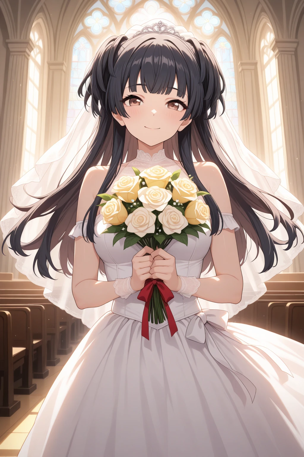 very awa, detailed eyes, shining eyes, masterpiece, best quality, ultra-detailed, (8k), (hdr), (ultra-detailed), absurdres, looking at viewer, solo, 1girl, girl, indoors, church, day, blue sky, smile, aafuyuko, brown eyes, black hair, two side up, wedding dress, white wedding dress, ((standing, holding bouquet, cowboy shot))