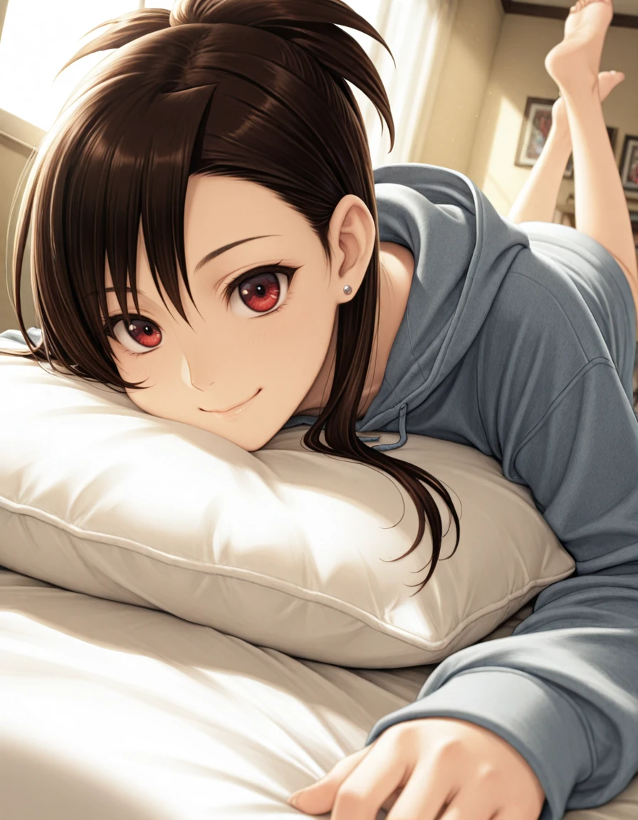masterpiece, absurdres, best quality, newest, amazing quality, dynamic angle, scenery, high resolution, , indoors, morning, sunlight, bedroom, bed,, <lora:WA2_Mari:0.8> BREAK wa2mari, 1girl, solo, long hair, folded ponytail, ponytail, brown hair, red eyes, sidelocks, asymmetrical bangs, stud earrings, oversized clothing, hoodie, no pants, barefoot, lying, looking at viewer, close-up, pillow, kicking feet, on stomach, from front, angle, smile, cheek against pillow,
