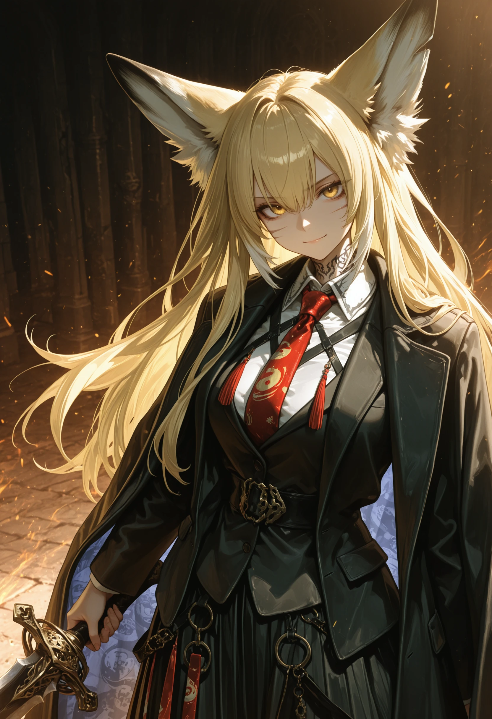 masterpiece,best quality,amazing quality, vulpisfoglia, official costume, fox girl, scar on cheek, blonde hair, smile, yellow eyes,long skirt, collared shirt, red necktie, coat,neck tattoo, holding sword, serious, action shot
<lora:Vulpisfoglia (Illustrious) v1:1>