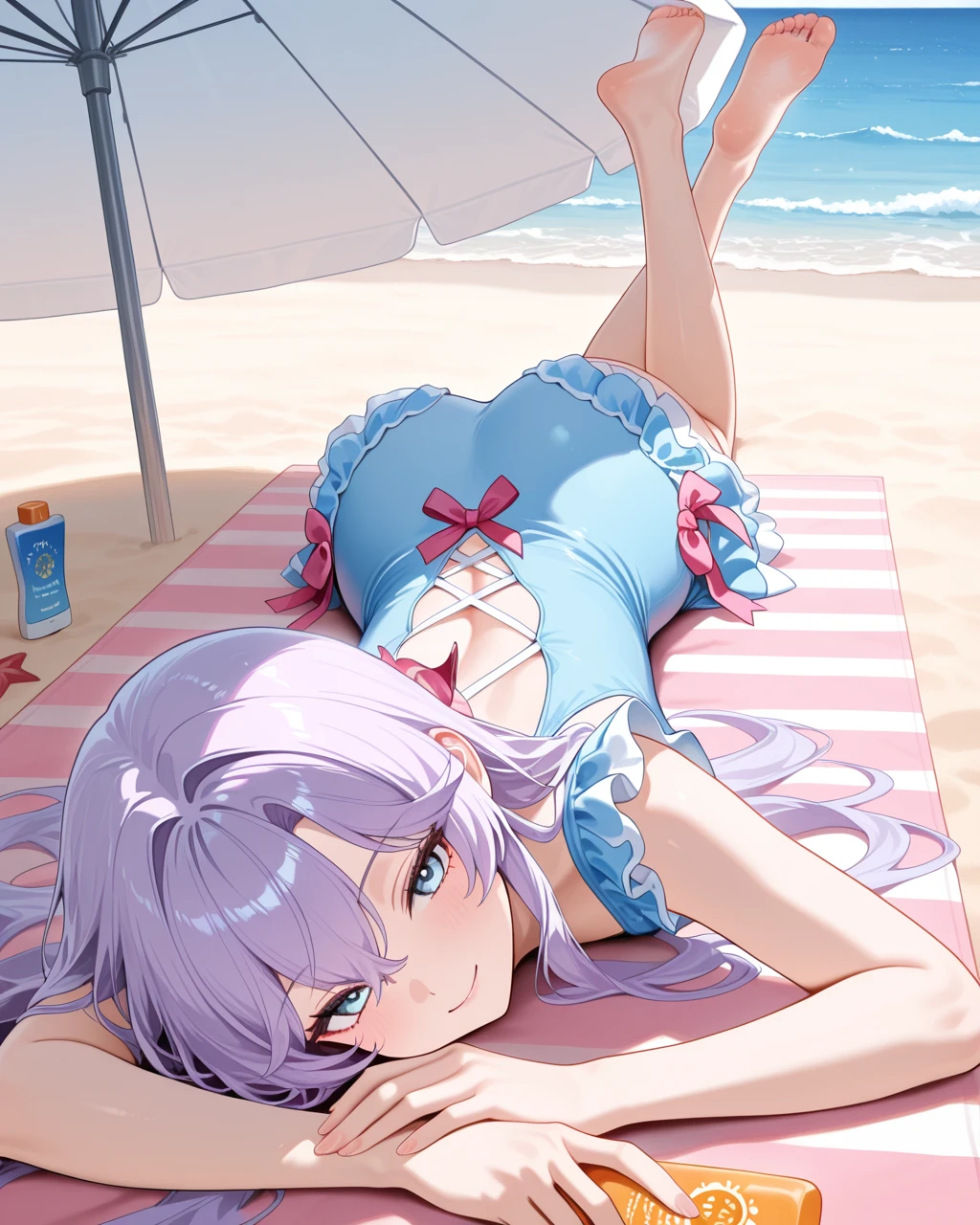 Illustration of an Anime character "Elaina", She is from the anime: "Wandering Witch: The Journey of Elaina", The background/theme is on the beach, she is wearing beach suit.