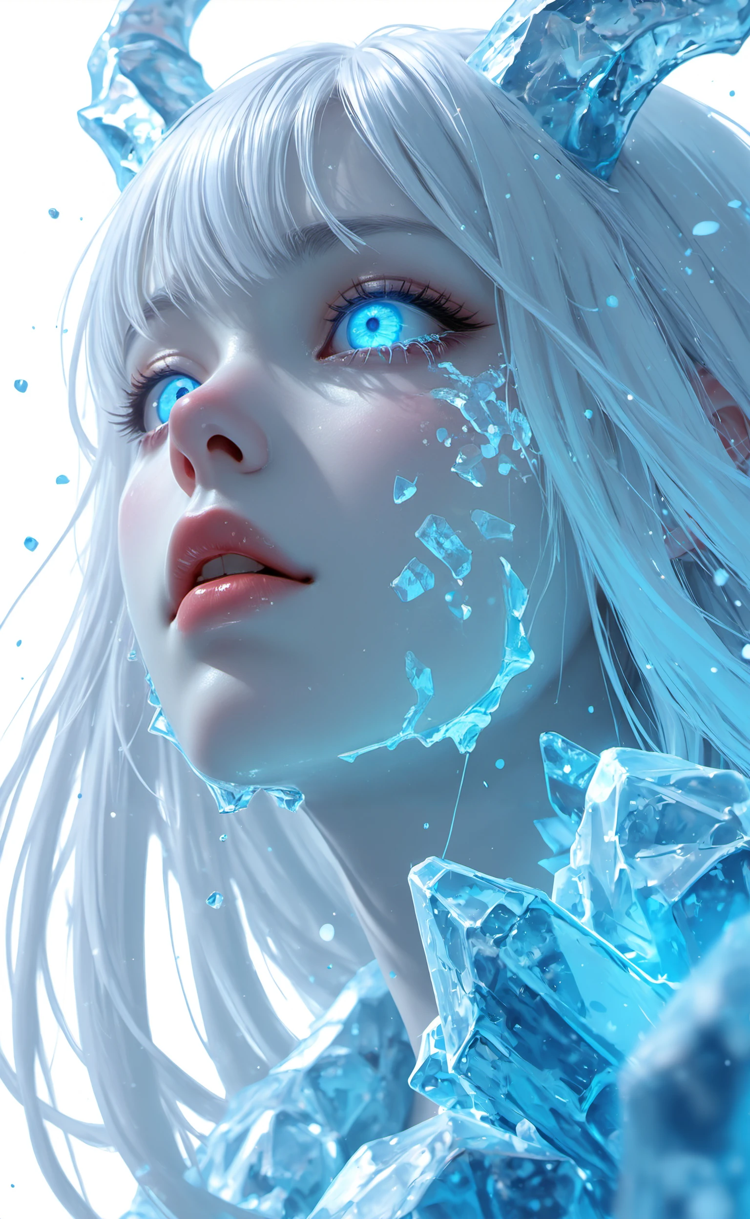 dutch angle, cinematic, expressive, dynamic pose, titled angle,
1girl, pale skin, very long white hair, white background, transparent, ice, forward-facing white horns, expressive, reflective, close-up, face focus, glowing blue eyes, frozen tears,