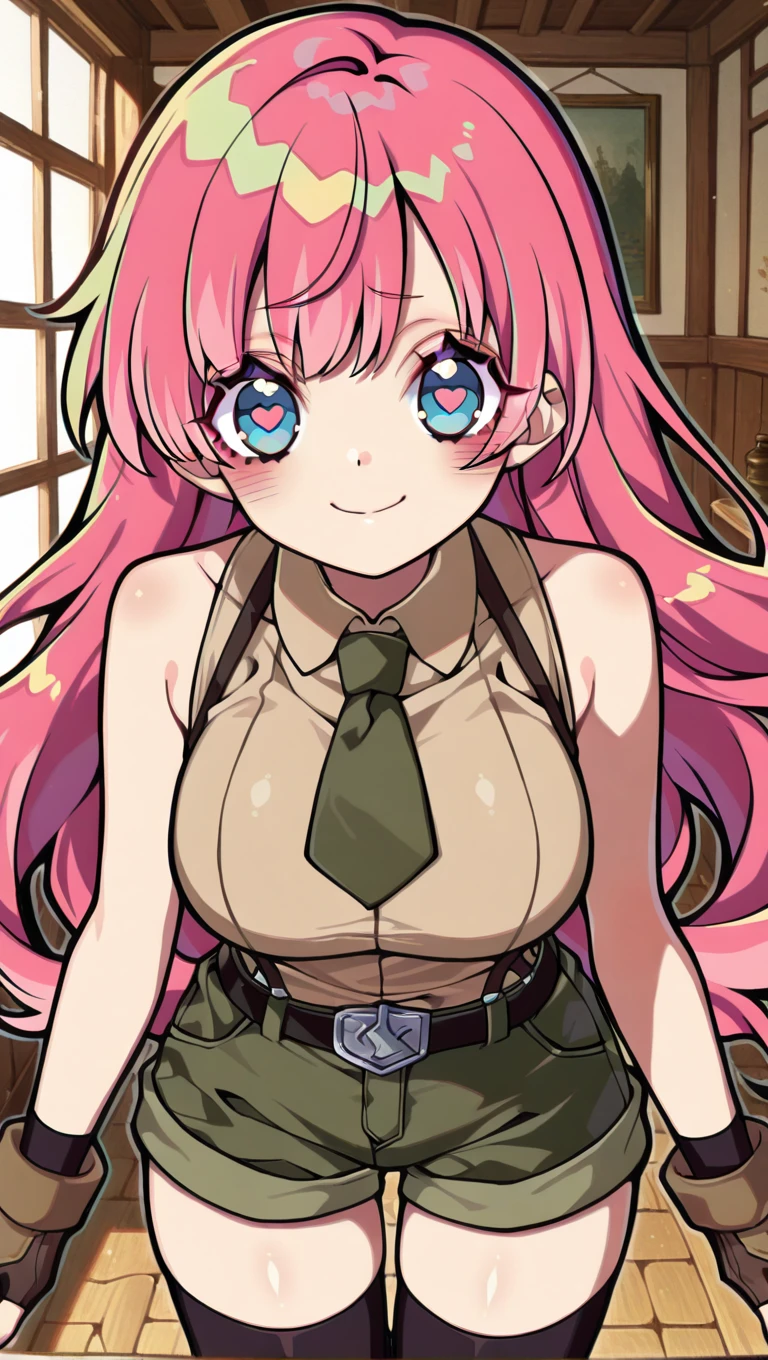(masterpiece),best quality,amazing quality,very aesthetic,absurdres,newest,perfect body,shiny skin,perfect eyes,detail1eye,well-defined fingers,well-defined fingernails,anime style,indoors,1girl,solo,upper body,(portrait:1.5),looking at viewer,facing viewer,smile,blush,Kyouda Suzuka style,heart-shaped pupils,Novice female,Novice female uniform,very long hair,pink hair,floating hair,bangs,blue eyes,half-closed eyes,collared shirt,sleeveless shirt,beige shirt,large breasts,dark green necktie,bare arms,fingerless gloves,black belt,suspender shorts,green shorts,short shorts,shorts rolled up,zettai ryouiki,black thighhighs,boots,<lora:TNT-Novice female(tnt)-Illus:1.6>,<lora:Kyouda Suzuka[style]-Illus:1.6>,