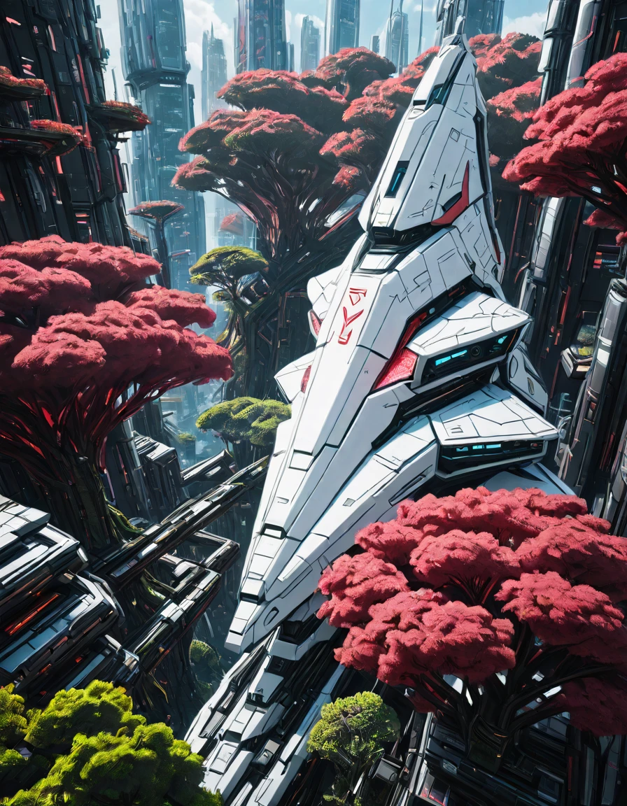 <lora:SW_Minis_7illc:1> landed angular design white spacecraft in the middle of a forest with huge red trees and rich jungle environment with some lost old cyberpunk structures, cyberpunk cityscape, sunny day, aerial view, from side,
