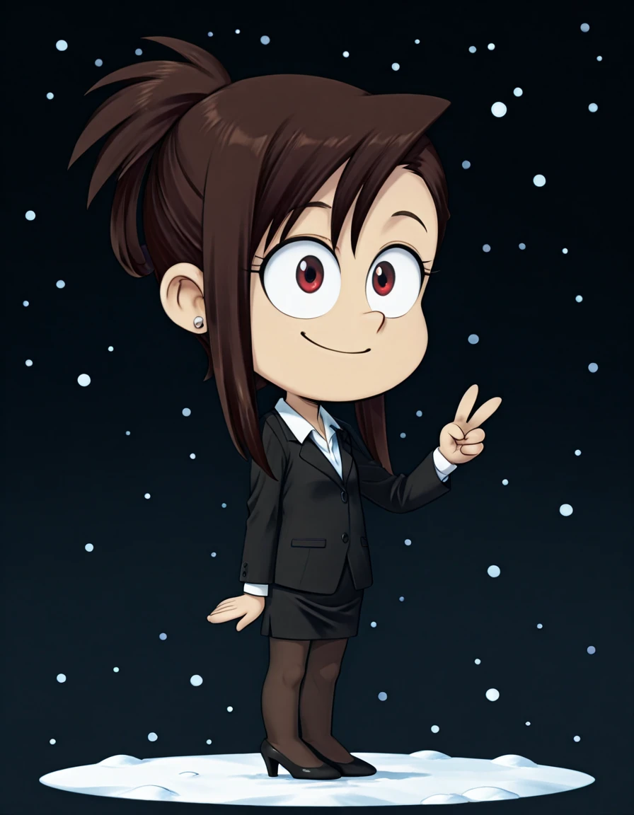 masterpiece, absurdres, best quality, newest, ambient lighting, dark background, snowing, amazing quality, high resolution, ultra-detailed, dynamic angle <lora:WA2_Mari:0.8> BREAK wa2mari, 1girl, solo, long hair, folded ponytail, brown hair, red eyes, long sidelocks, asymmetrical bangs, stud earrings, business suit, skirt suit, jacket, collared shirt, pencil skirt, long sleeves, pantyhose, high heels, full body, simple background, smile, v, peace sign, (chibi), cartoon, <lora:tLH-Full:0.5> the loud house \(style\), <lora:AddMicroDetails_Illustrious_v3:0.3> addmicrodetails,
