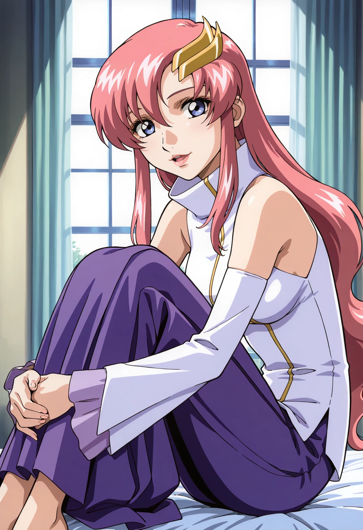 masterpiece,best quality,amazing quality,very aesthetic,absurdres, explicit,<lora:lacus_c_IL1-300009:0.85> lacus_c, 1girl, anime coloring, retro artstyle,solo, long hair, pink hair, hair between eyes, purple eyes, lips, lipstick, lacus white dress, turtleneck,bare shoulders, detached sleeves,purple skirt, lacus long skirt, medium breasts, ,light smile, open mouth, sitting, on bed, window, curtains, from side, looking at viewer, hugging own legs,