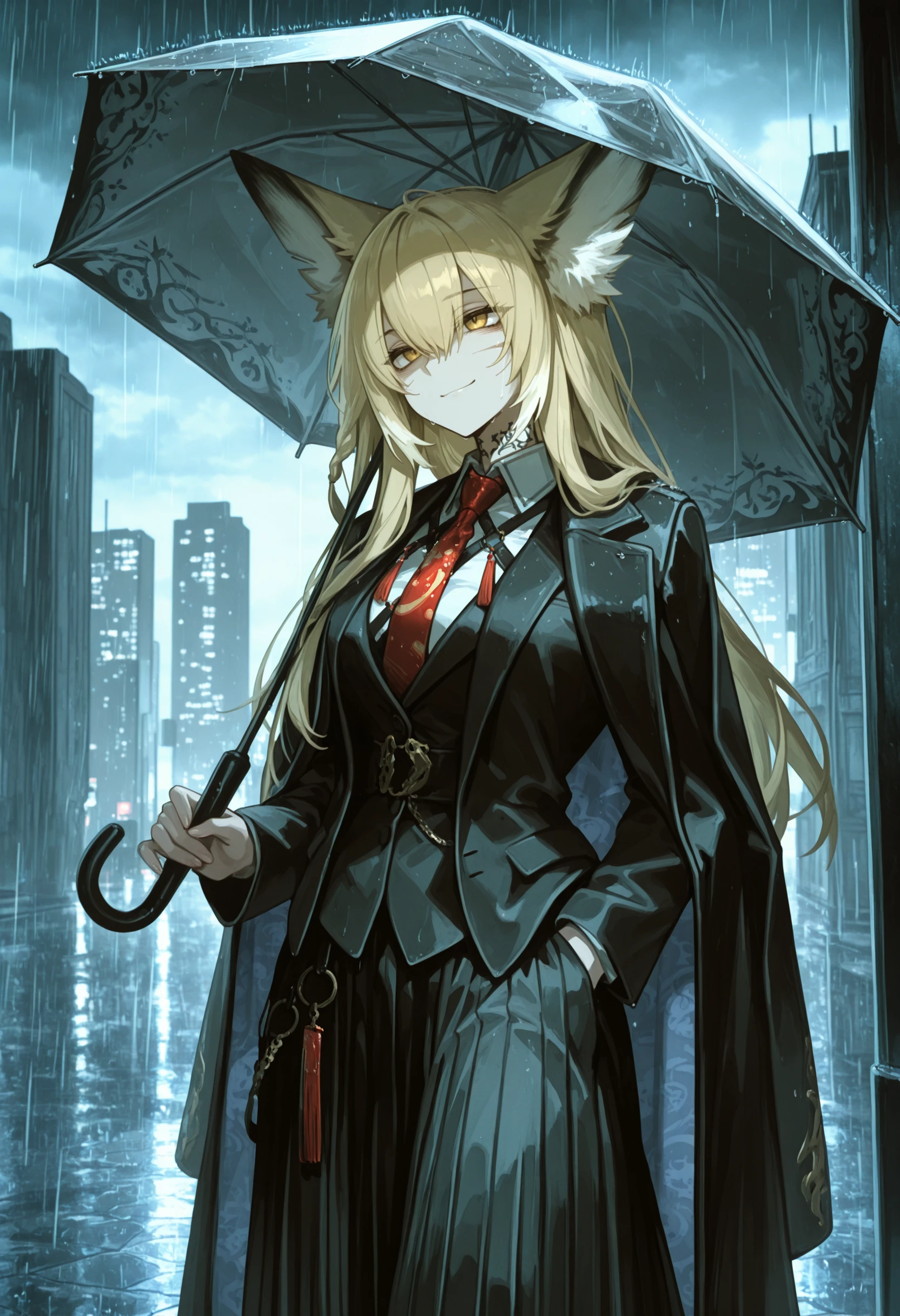 masterpiece,best quality,amazing quality, vulpisfoglia, official costume, fox girl, scar on cheek, blonde hair, smile, yellow eyes,long skirt, collared shirt, red necktie, coat,neck tattoo, jewelry, cityscape, solo, holding umbrella, hand in pocket, coat on shoulders,
<lora:Vulpisfoglia (Illustrious) v1:1> <lora:Rain (Illustrious) v1:1> heavy-rain, rain, wet, cloudy, dark