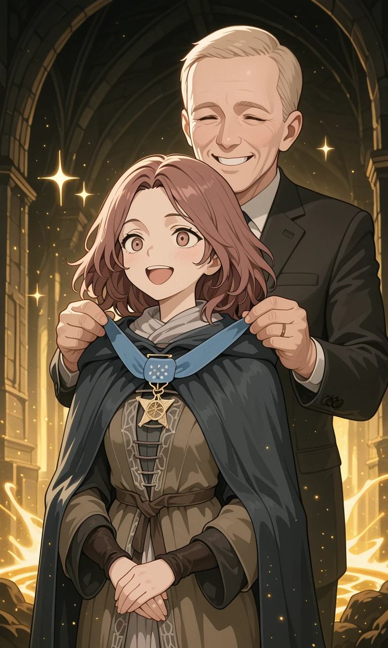 embedding:IllusP0s, holding medal of honor from behind, 1girl, melina_\(elden ring\), open mouth, happy, 1boy, suit,<lora:holding medal of honor from behind_illustrious.safetensors:1.0:1.0>