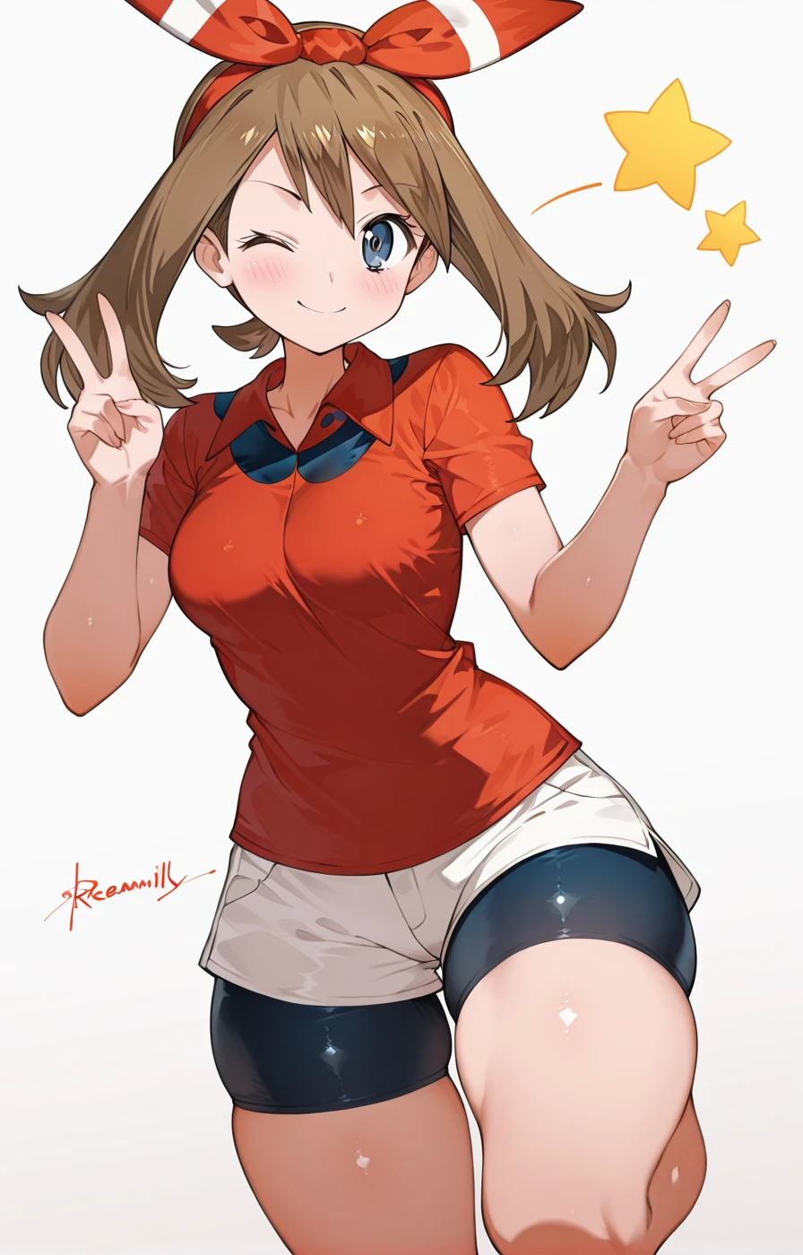 <lora:ToridamonoIL:1>
standing, double v, one eye closed, skindentation, looking at viewer, thick thighs, ((simple background, empty background, white background)), standing on one leg, cowboy shot, star \(symbol\), smile, happy,
may \(pokemon\), brown hair, blue eyes, white shorts, bike shorts under shorts, collared shirt, short sleeves, red shirt,, (masterpiece),(best quality),amazing quality,extreamly delicate and beautiful,illustration,absurdres, high quality, anime style illustration,, 1girl, solo,solo_focus,