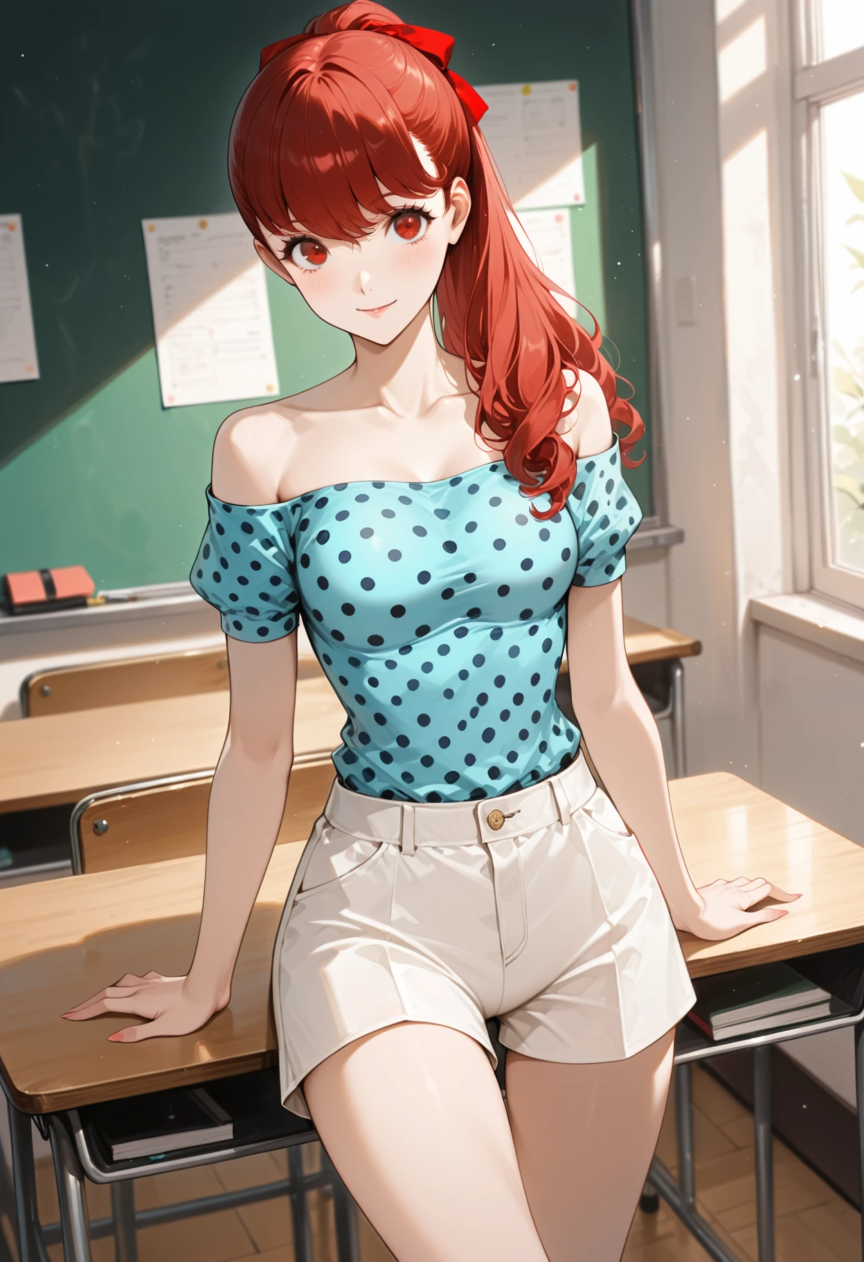 (masterwork, masterpiece, best quality, hyper-detailed :1.2),
1 girl, solo, cowboy shot, looking at viewer, smile,
p5yoshizawa, long hair, red hair, bangs, ponytail, red hair bow, burgundy eyes,
p5yoshizawa-sumcas, light blue shirt, off shoulder shirt, polka dot shirt, collarbone, shorts, wide leg shorts, white shorts, light blue sandals, sleeveless, strapless,
detailed background, classroom,