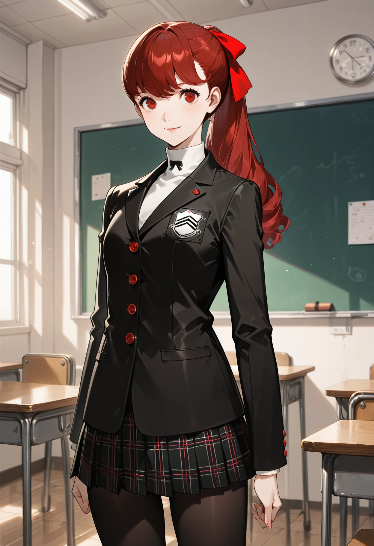 (masterwork, masterpiece, best quality, hyper-detailed :1.2),
1 girl, solo, cowboy shot, looking at viewer, smile,
p5yoshizawa, long hair, red hair, bangs, ponytail, red hair bow, burgundy eyes,
p5yoshizawa-winuni, school uniform, white turtleneck, black bowtie, black jacket, school emblem, red buttons, plaid skirt, pleated skirt, black pantyhose, shuujin academy school uniform,
detailed background, classroom,