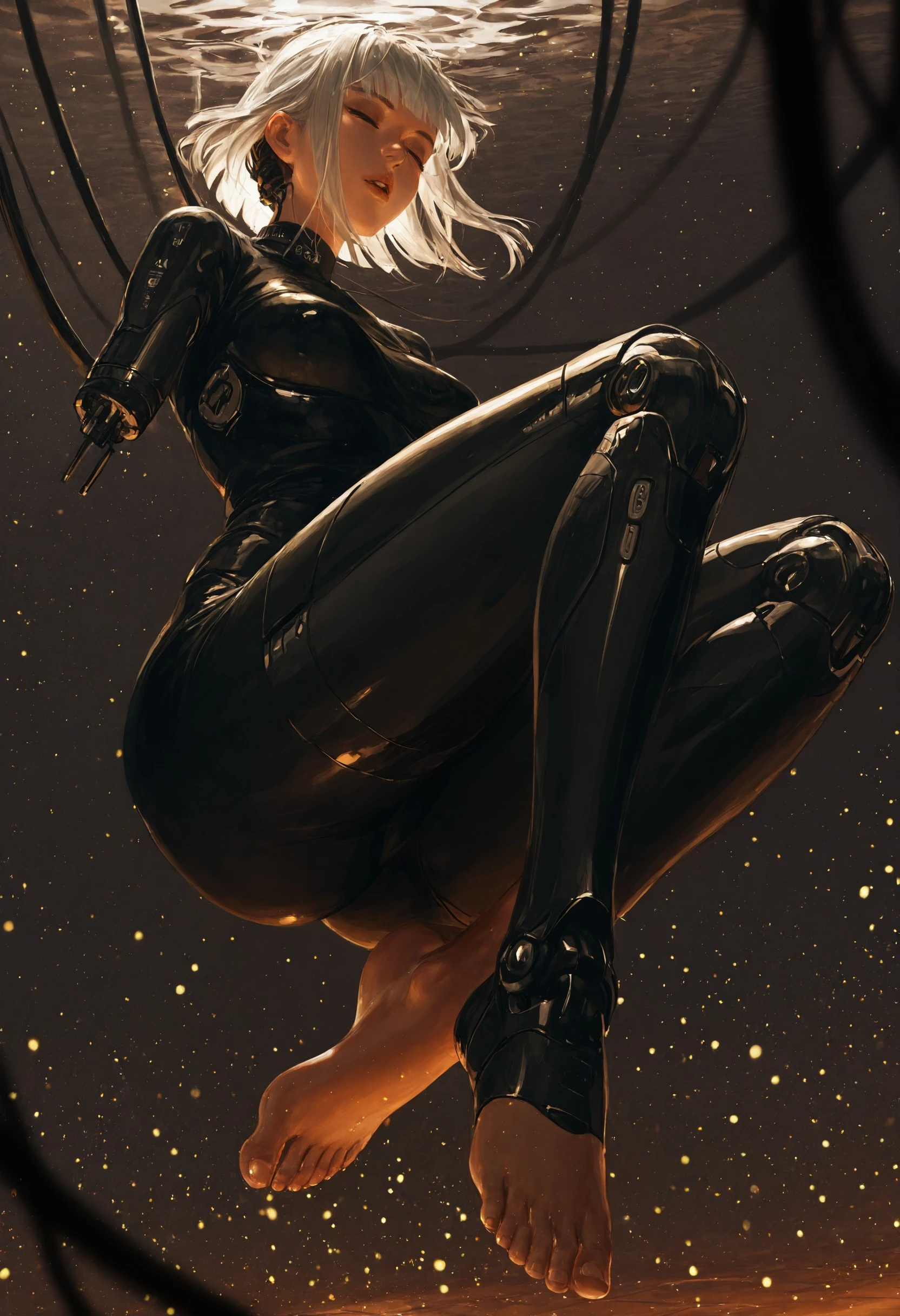 gwe1z, 1girl, android, synthetic, (prosthetic_jaw:1.2), (prosthetic_arms:1.15), (prosthetic_legs:1.1), (prosthetic breasts), flowing hair, medium hair, inverted bob, (white_hair), blunt bangs, wispy_bangs, long neck, closed eyes, lips, parted lips, small breasts, (white-turtleneck shrug), amputee, maintenance, prosthesis, single_mechanical_arm, (unaware), wires, cables, nape cable, dynamic pose, dramatic angle, floating, underwater, experiment, watertube, caustics, huge ass, bottom heavy, large hips, huge thighs, single_mechanical_leg, prosthetic_leg, feet, barefoot, , sci-fi, ((foreshortening)), toes, toenails, (blurred_foreground), depth of field, dark_background, bokeh, light particles, detailed lighting, soft lighting, masterpiece, masterfully drawn, amazing quality, best quality, elegantly detailed, very aesthetic, latest, <lora:5cff78a6-6879-49b7-b6ed-7d1f15a6d2e4:0.9>