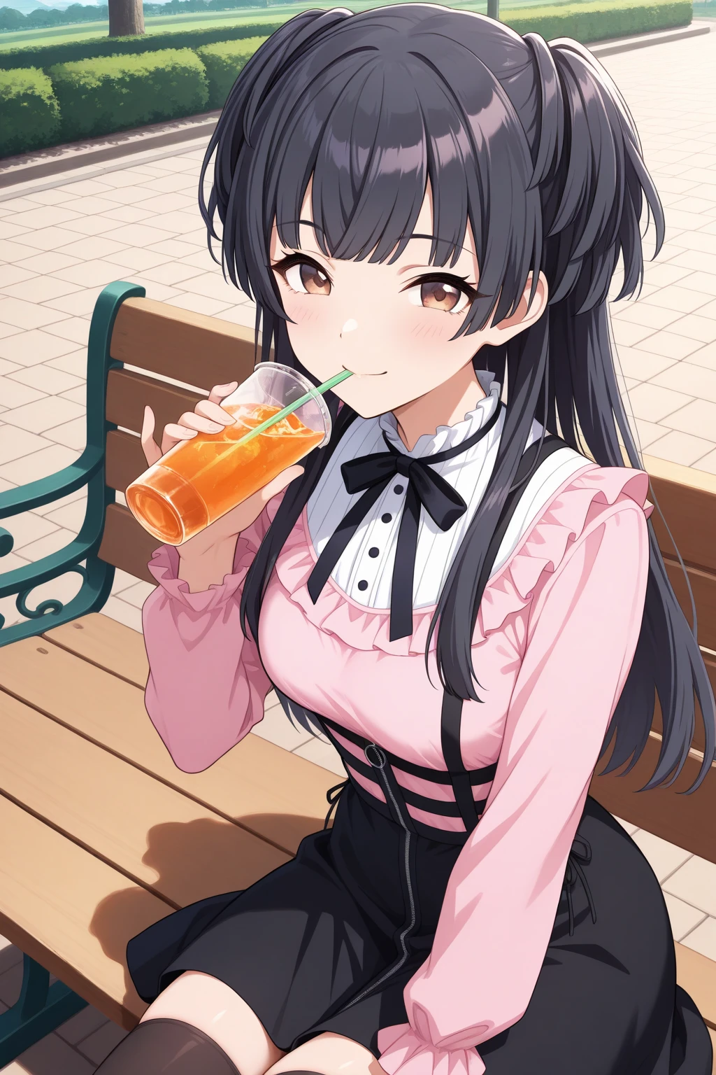 very awa, detailed eyes, shining eyes, masterpiece, best quality, ultra-detailed, (8k), (hdr), (ultra-detailed), absurdres, looking at viewer, solo, 1girl, girl, outdoors, park, day, blue sky, smile, aafuyuko, brown eyes, black hair, two side up, fuyukopink, jirai kei, black neck ribbon, frilled shirt collar, white shirt collar, pink shirt, long sleeves, frilled sleeves, black skirt, high-waist skirt, suspender skirt, black thighhighs, frills, ((sitting, on bench, drinking, cowboy shot))