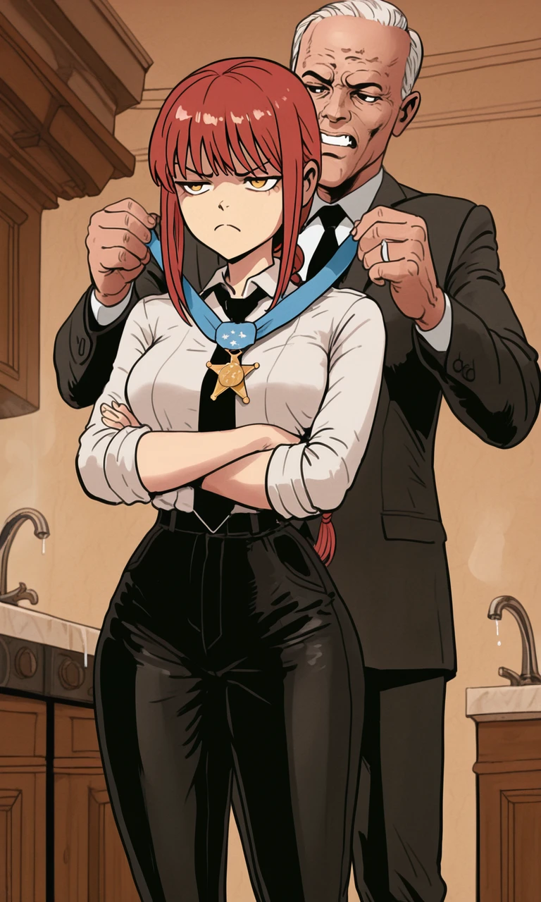 embedding:IllusP0s, f3rn4nd0, holding medal of honor from behind, 1girl, makima, annoyed, arms crossed, white shirt, black tie, black pants, 1boy, suit,<lora:Style_soph-Fernando-ILXL.safetensors:1.0:1.0> <lora:holding medal of honor from behind_illustrious.safetensors:1.0:1.0>