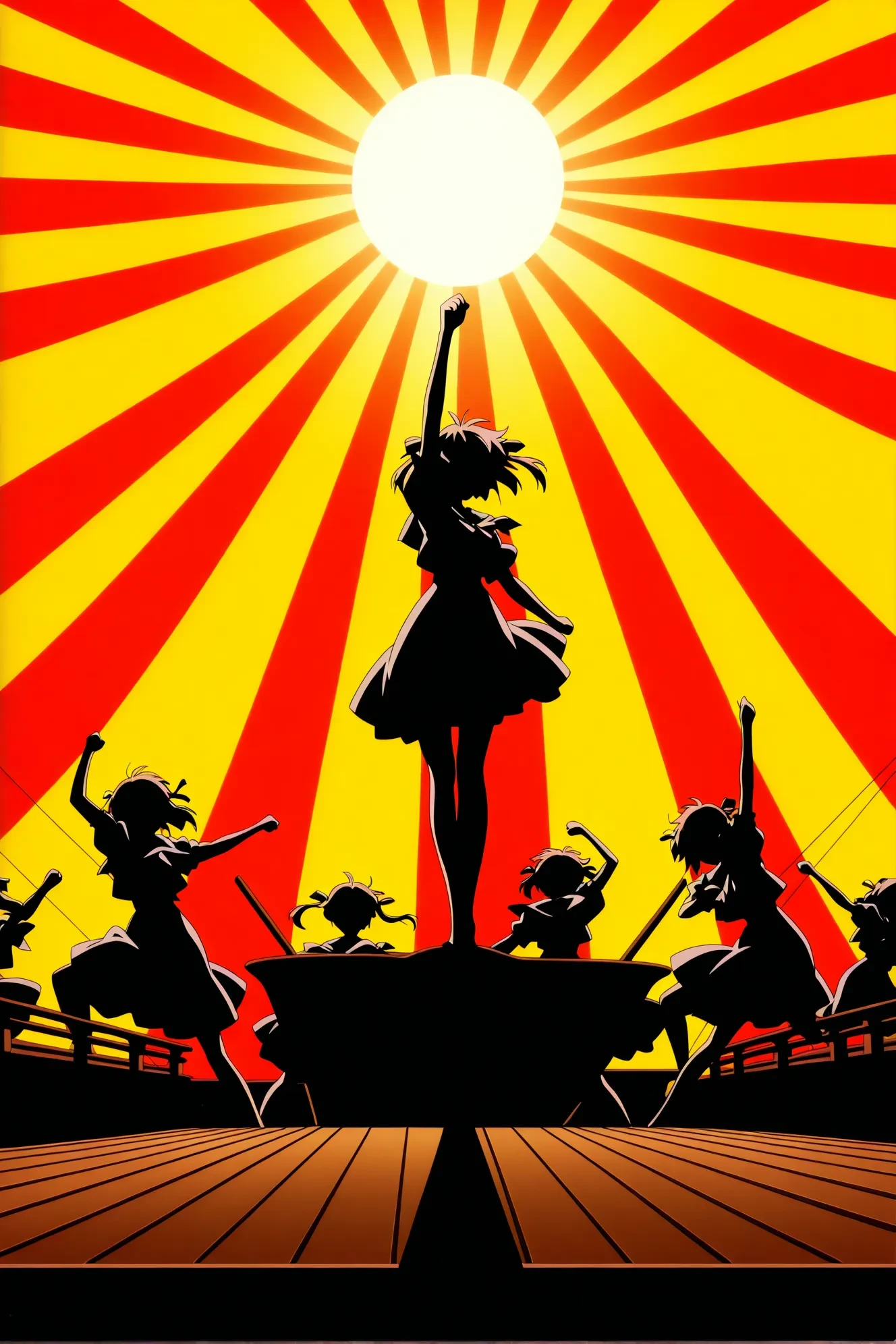 multiple girls,
dynamic pose, arm up, ship deck, sunburst,
very aesthetic, masterpiece, best quality, newest, vector trace, absurdres, highres, anime screenshot