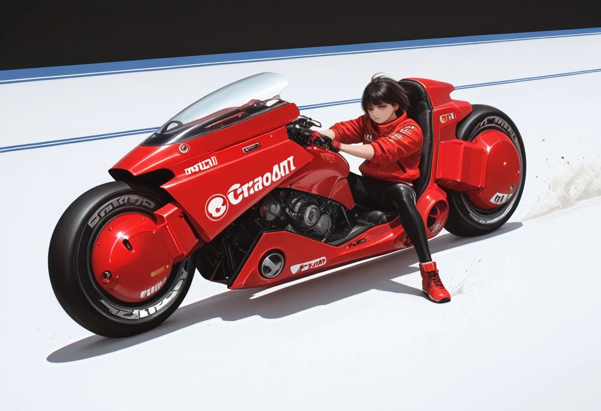 masterpiece, best quality, amazing quality, very aesthetic, absurdres, newest, @k1r@, red_motorcycle, side_view, futuristic, aerodynamic, high-tech, sci-fi, digital_art, anime, racing_track, sunny_day, clear_sky, vibrant_colors, high_contrast, dynamic_pose, speed_lines, bright_lighting, realistic_shadows, asphalt_texture, motion_blur, detailed, cinematic_angle, Akira_inspired, solo_vehicle, no_people, concept_art