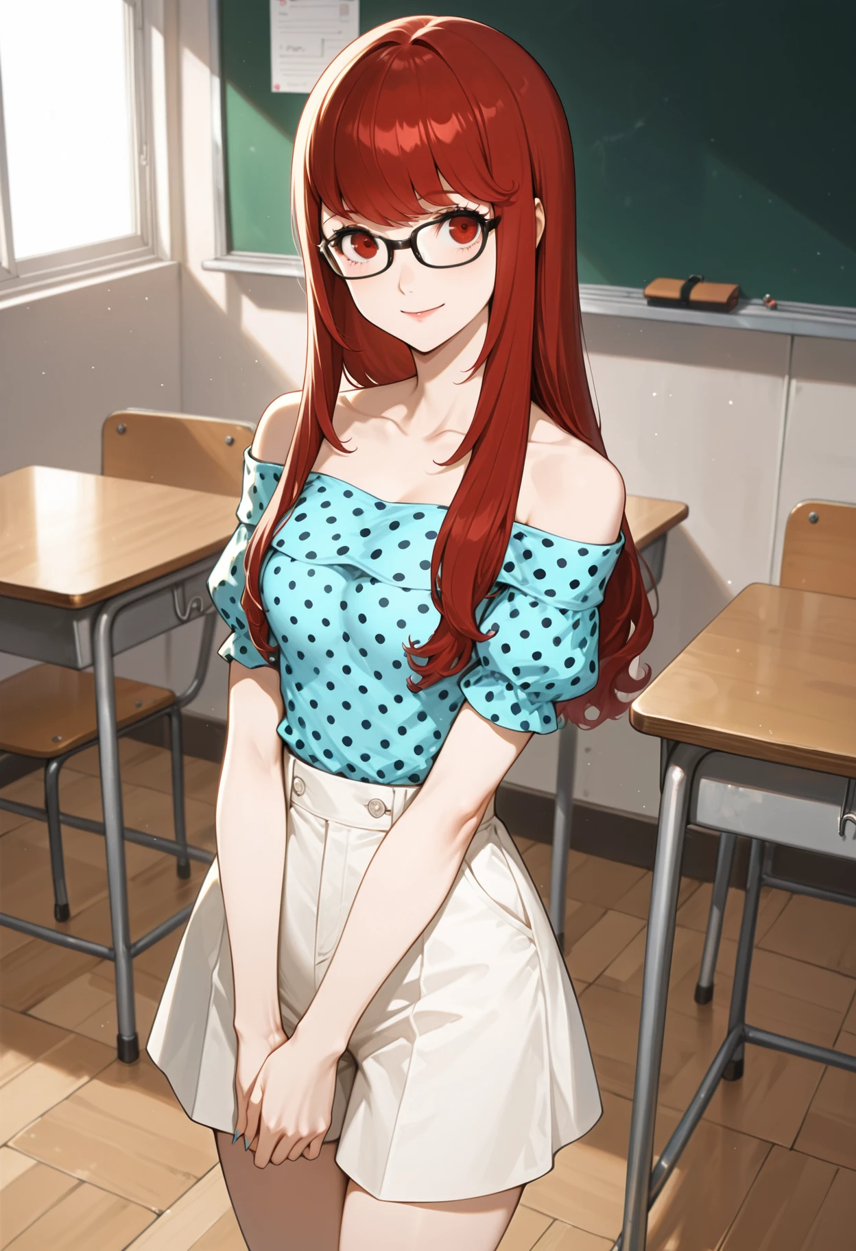 (masterwork, masterpiece, best quality, hyper-detailed :1.2),
1 girl, solo, cowboy shot, looking at viewer, smile, v arms,
p5yoshizawa, long hair, red hair, hair down, bangs, glasses, black-framed eyewear,
p5yoshizawa-sumcas, light blue shirt, off shoulder shirt, polka dot shirt, collarbone, shorts, wide leg shorts, white shorts, light blue sandals, sleeveless, strapless,
detailed background, classroom,