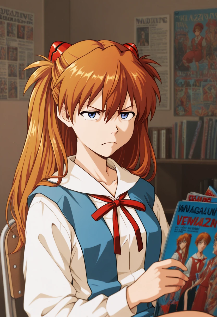 masterpiece, best quality, Graphic Design, color art, vibrant colors, colorful, intricate details, high contrast, detailed background, beautiful detailed, beautiful face, detailed eyes, detailed face, new, tljwan, frown, holding, magazine, 1girl, solo, asuka langley, upper body, room, school uniform, sitting, chair,