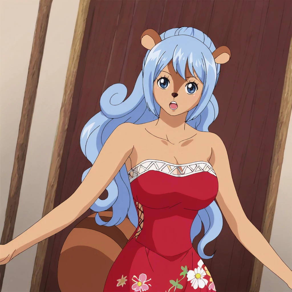 <lora:Tristan_pony_v1:.8> Tristan, 1girl, blue hair, animal ears, tail, long hair, ponytail, blue eyes, breasts, dark skin, cowboy shot, <lora:1007 Chinese wedding dress_v1_pony:1> ruanyi1007,bare shoulders,detached sleeves,red dress,floral print,strapless dress,