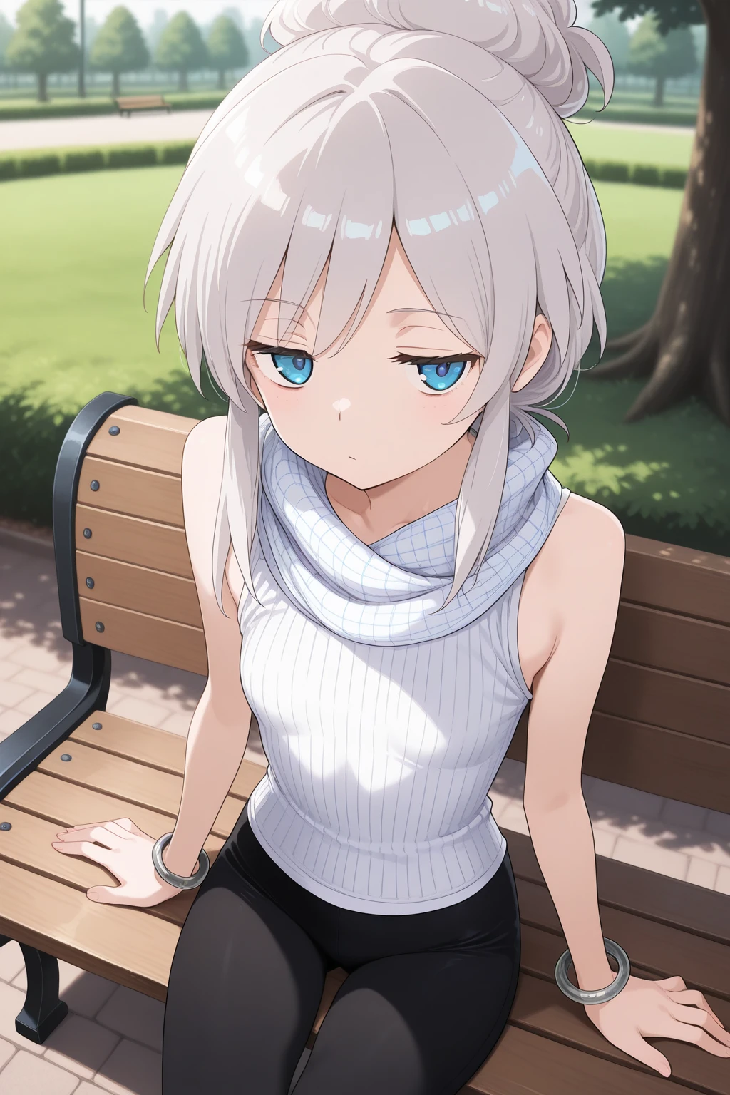 1girl,
DeuxMurasameGundamGQ, DMNormalOutfit,
general, solo, perspective,
grey hair, blue eyes, colored eyelashes, collarbone,
jitome,
white scarf, plaid, sleeveless shirt, white shirt, bangle,
black leggings,
looking at viewer, sitting, arm support,
park, bench, swinging legs,
depth of field,
<lora:kp_DeuxMurasameGundamGQIllustrious_v1_1:1.0>,
masterpiece, best quality, amazing quality