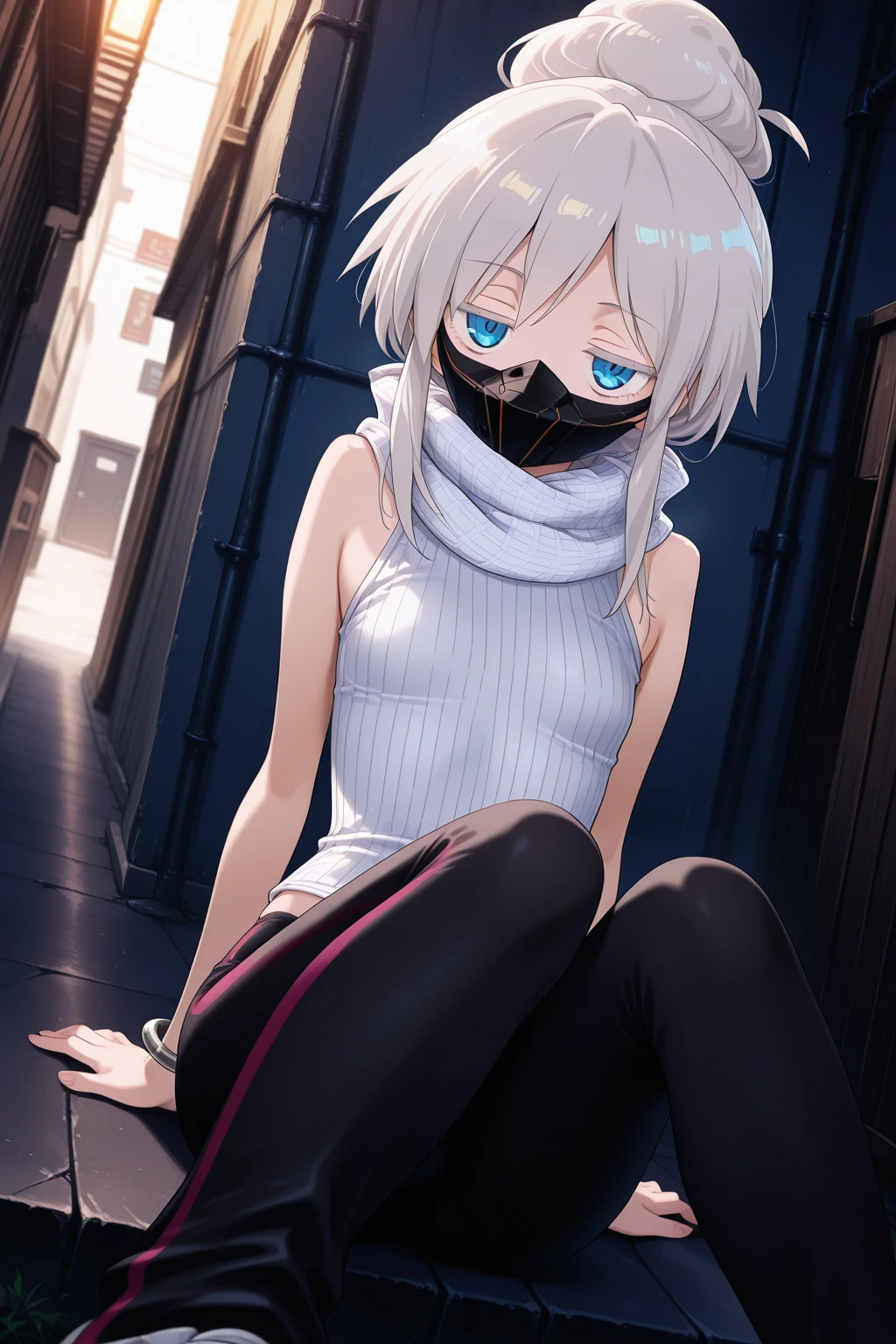 1girl,
DeuxMurasameGundamGQ, DMNormalOutfit,
general, solo, perspective,
grey hair, blue eyes, colored eyelashes, collarbone,
jitome,
mouth mask,
white scarf, plaid, sleeveless shirt, white shirt, bangle,
black leggings,
looking at viewer, sitting, swinging legs, arm support,
back alley, neon,
depth of field,
<lora:kp_DeuxMurasameGundamGQIllustrious_v1_1:1.0>,
masterpiece, best quality, amazing quality