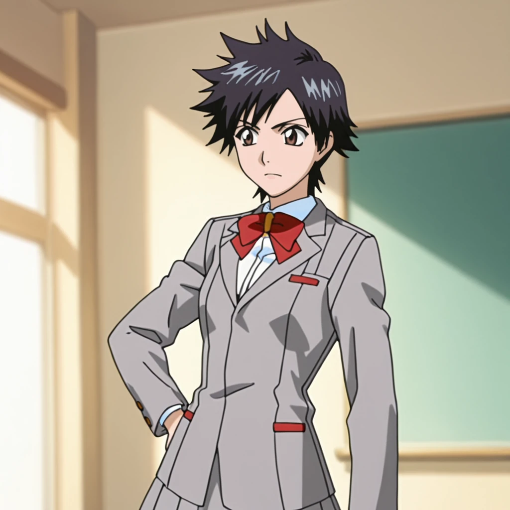 <lora:Tatsuki_illustrious_v1:1> TatsukiSchoolJacket, 1girl, school uniform, short hair, pleated skirt, grey jacket, red bow, black hair, long sleeves, red bowtie, blazer, brown eyes, white shirt, cowboy shot
