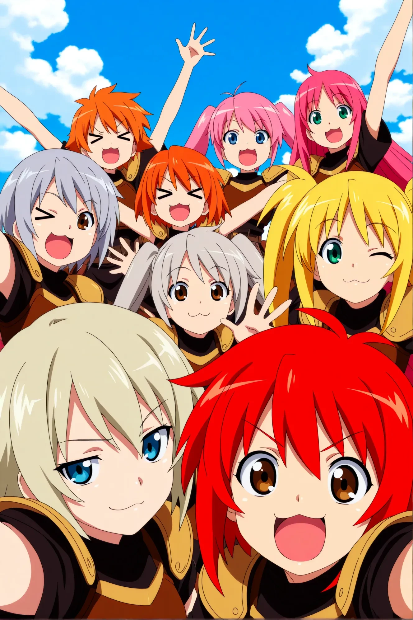 everyone, fantasy, reaching, cloudy sky, doyagao, smirk, surprised, =_=, looking at viewer, orange hair, very long hair, day, green eyes, :d, long hair, one eye closed, blue sky, cloud, reaching towards viewer, smile, blonde hair, arm up, ;\), outstretched arms, v-shaped eyebrows, red hair, pink hair, blue eyes, brown eyes, grey hair, short hair, waving, twintails, sky, >_<, :3, open mouth,
very aesthetic, masterpiece, best quality, newest, vector trace, absurdres, highres, anime screenshot