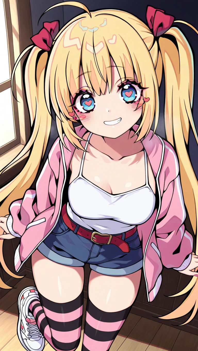 (masterpiece),best quality,amazing quality,very aesthetic,absurdres,newest,perfect body,shiny skin,perfect eyes,detail1eye,well-defined fingers,well-defined fingernails,anime style,indoors,1girl,solo,upper body,(portrait:1.5),looking at viewer,facing viewer,smile,blush,Kyouda Suzuka style,heart-shaped pupils,Airi Akizuki,ahoge,very long hair,blonde hair,high twintails,hair ribbon,red ribbon,bangs,blue eyes,collarbone,pink jacket,white camisole,long sleeves,medium breasts,red belt,denim shorts,shorts rolled up,zettai ryouiki,two-tone thighhighs,pink thighhighs,black thighhighs,striped thighhighs,sneakers,<lora:Airi Akizuki(oc)-Illus:1.6>,<lora:Kyouda Suzuka[style]-Illus:1.6>,