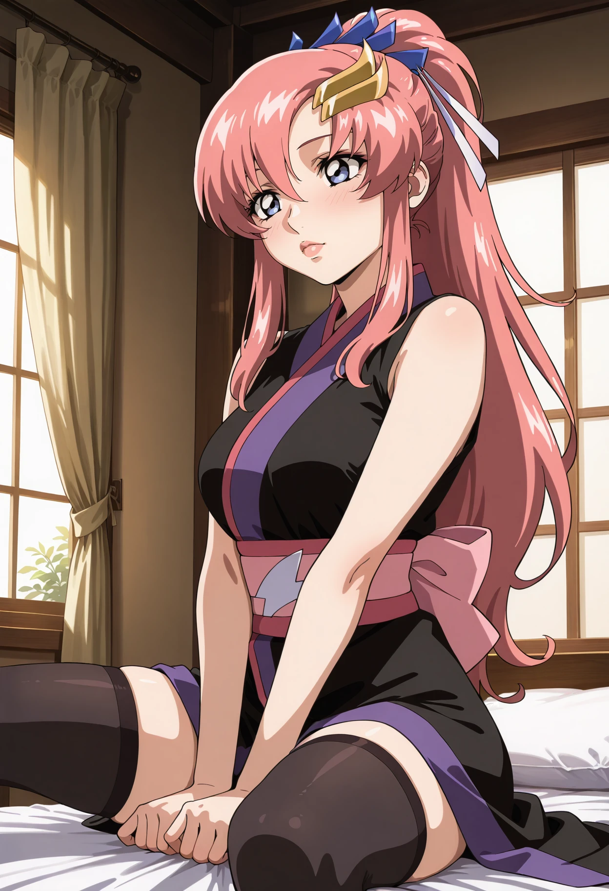 masterpiece,best quality,amazing quality,very aesthetic,absurdres, explicit,<lora:lacus_c_IL1-300009:0.85> lacus_c, 1girl, anime coloring, retro artstyle,solo, long hair, pink hair, high ponytail, hair ornament, hair ribbon, hair between eyes, purple eyes, lips, lipstick,black sleeveless kimono, sash, black thighhighs, medium breasts, blush,sitting, on bed, open kimono, v arms, indoors, window, curtains,