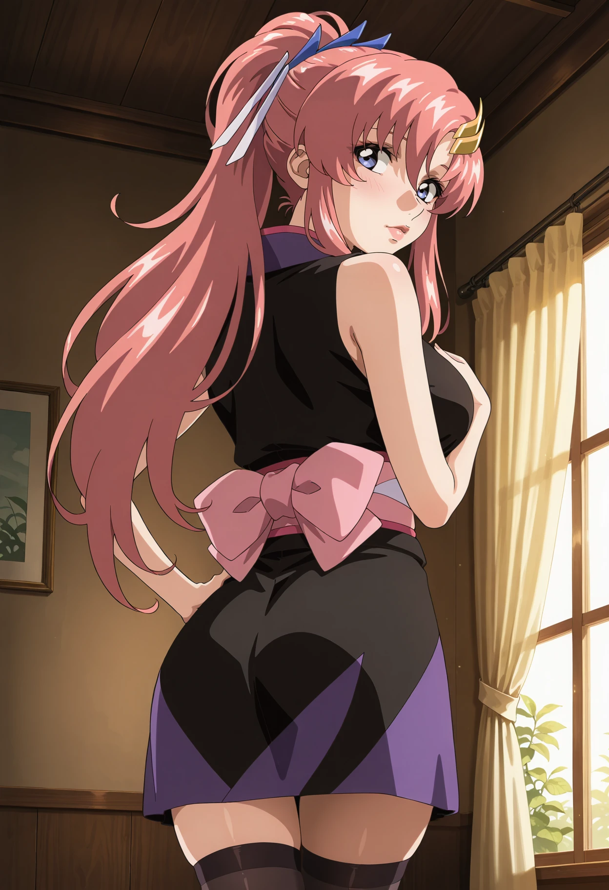 masterpiece,best quality,amazing quality,very aesthetic,absurdres, <lora:lacus_c_IL1-300009:0.85> lacus_c, 1girl, anime coloring, retro artstyle,solo, long hair, pink hair, high ponytail, hair ornament, hair ribbon, hair between eyes, purple eyes, lips, lipstick,black sleeveless kimono, sash, black thighhighs, medium breasts,  blush, looking back,hand on own breasts, hand on own hip, pink bow,from behind, pink bow, indoors, window, curtains,