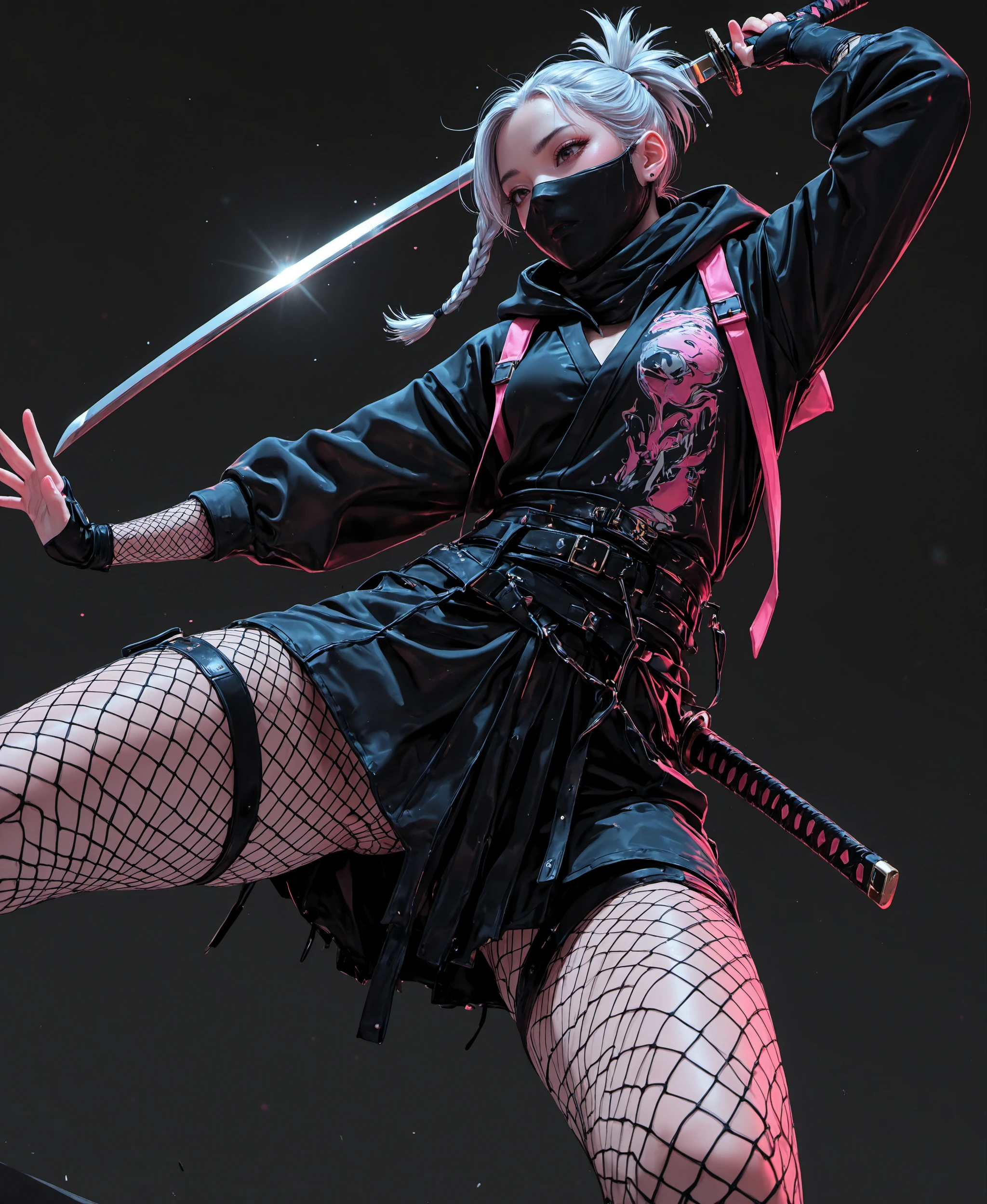 high_quality, highres, high_detail, beautiful, detailed, masterpiece, best quality, absurdres, 8k, HDR, shadow play,
expressive, cinematic, titled angle, popart, punk, sketch, simple background, from below, artistic expression, closeup,
ninja, uneven hair, silver hair, braided hair, katana, loose clothing, hooded, fishnet, belted, pink and black, action pose,