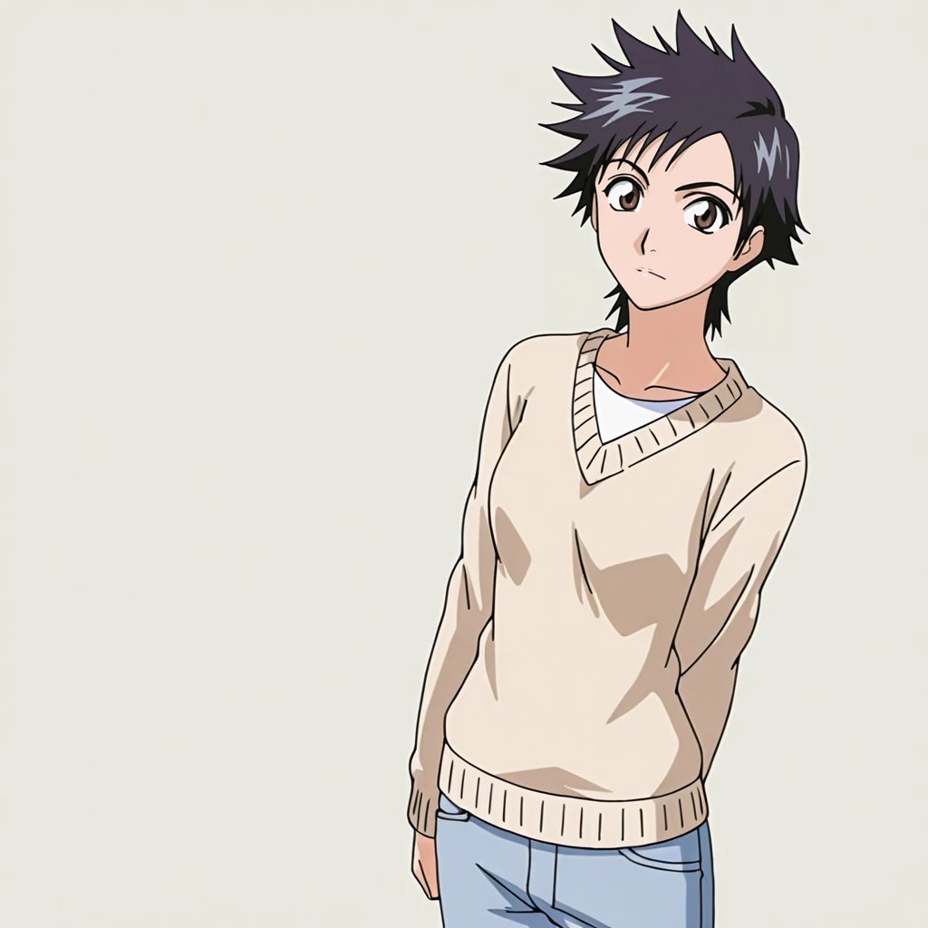 <lora:Tatsuki_illustrious_v1:1> Tatsuki, 1girl, short hair, black hair, brown eyes, spiked hair, cowboy shot, sweater, jeans