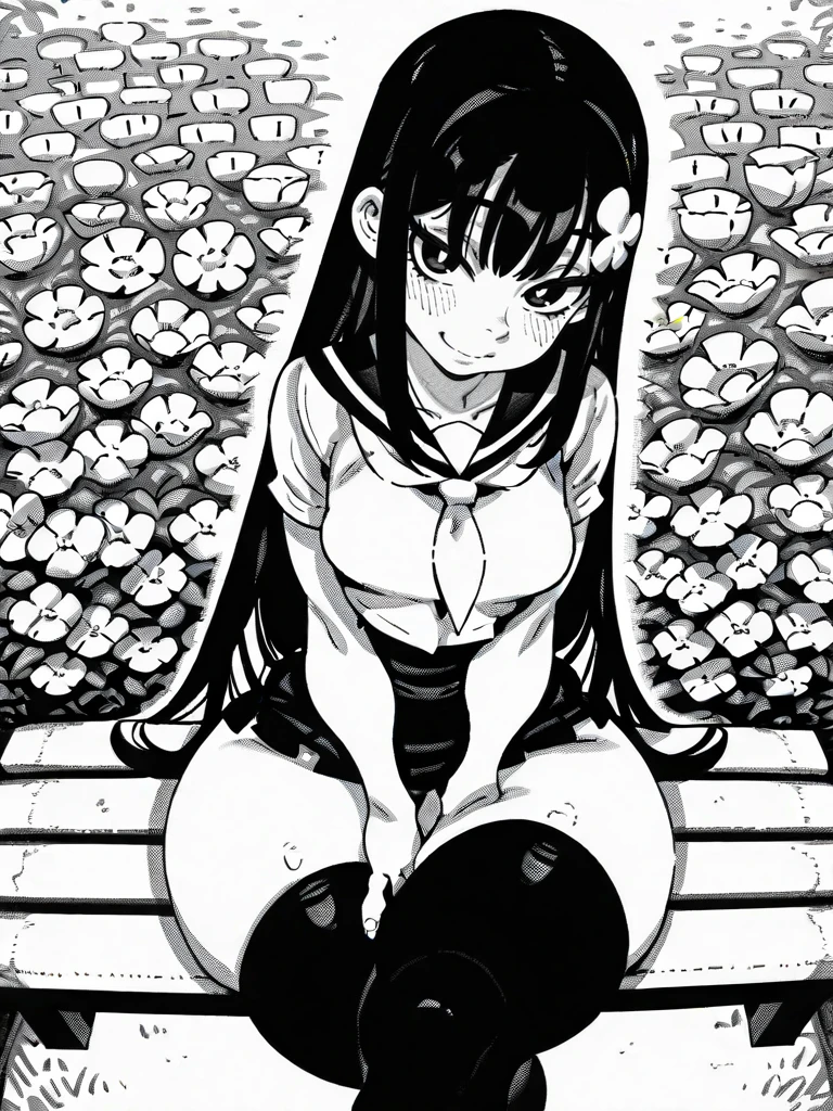 HandBeardXLP, monochrome, hatching (texture),
girl sitting in a bench, hands on thighs, long black hair, school uniform, skirt, black thighhighs, cute hair ornament, bright pupils, blush, medium breasts, (narrow waist:1.1), wide hips, thick thighs, looking at viewer, cowboy shot, dynamic pose, wide shot, solo, sexually suggestive, naughty face, blush, dutch angle,, crossed legs, portrait, garden behind her, flowers, from above,
<lora:ABearHand_style-12:1>