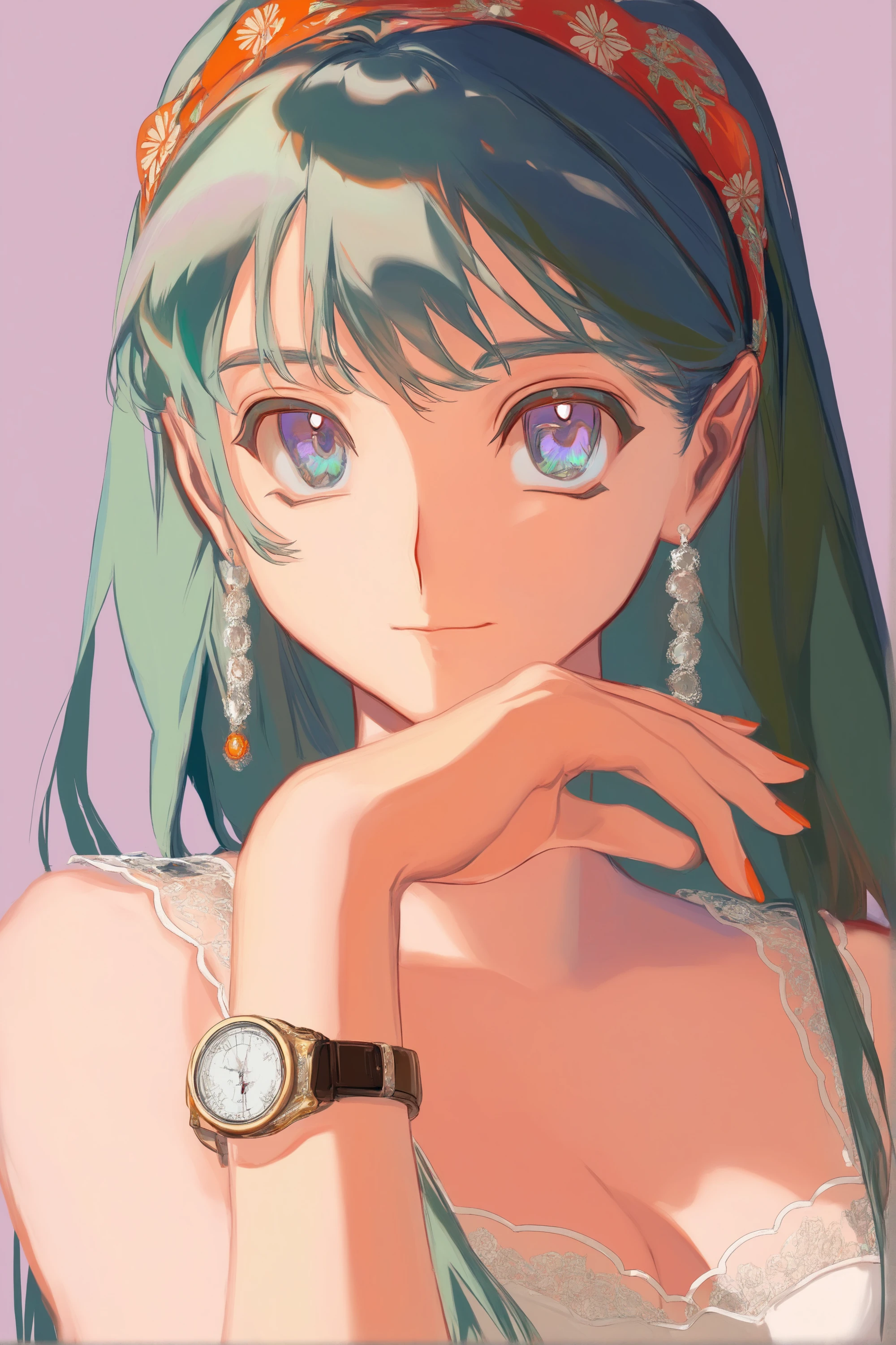 style_28, a close-up portrait of a female animated character. she has long flowing green hair and striking blue eyes. she is wearing a red headband a white blouse with floral patterns and a gold watch on her left wrist. the background is a muted pinkish hue emphasizing the character's features.,1girl,solo,watch,jewelry,earrings,wristwatch,green hair,long hair,breasts,hairband,orange nails,cleavage,looking at viewer,simple background,closed mouth,bracelet,blue eyes,upper body,hand up,red hairband,purple eyes,nail polish,fingernails,purple background