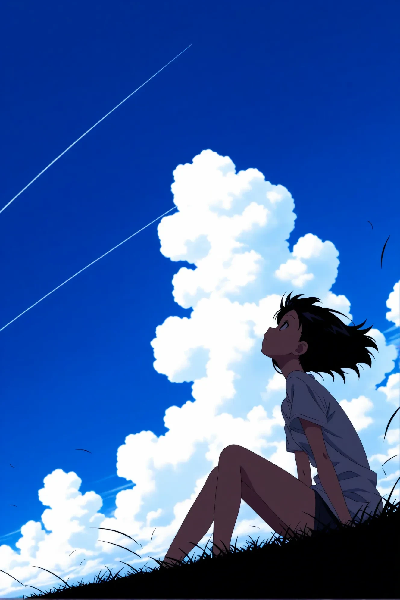 1girl, sitting, looking up, from side, cloudy sky, contrail, dutch angle, wind, grass, 
very aesthetic, masterpiece, best quality, newest, vector trace, absurdres, highres, anime screenshot