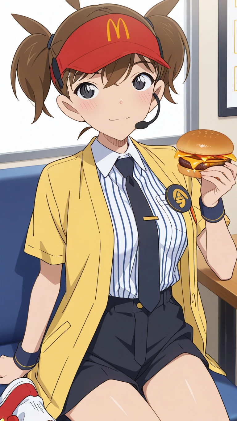 (masterpiece),best quality,amazing quality,very aesthetic,absurdres,newest,perfect body,shiny skin,perfect eyes,detail1eye,well-defined fingers,well-defined fingernails,anime style,indoors,1girl,solo,upper body,(portrait:1.5),looking at viewer,facing viewer,smile,blush,Aoyama Gosho style,Double Cheese,ahoge,headset,visor cap,red headwear,long hair,brown hair,short twintails,blunt bangs,black eyes,employee uniform,yellow jacket,open jacket,black necktie,collared shirt,white shirt,vertical-striped shirt,badge,short sleeves,wristband,holding food,hamburger,medium breasts,shirt tucked in,black shorts,short shorts,thighs,white socks,sneakers,<lora:Double Cheese(mcdonald's)-Illus:1.6>,