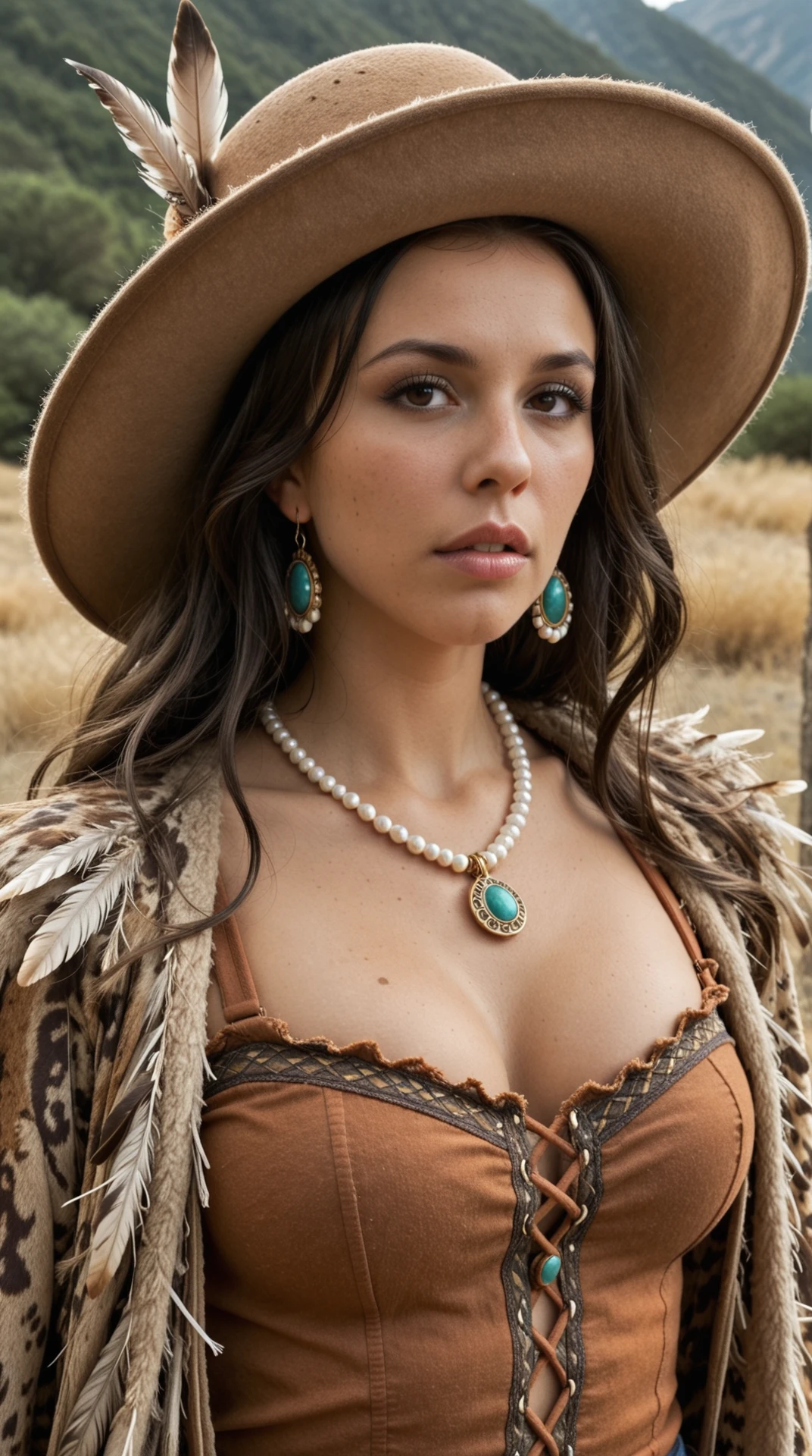 A closeup of a SFW, Image is a digital artwork featuring a woman with a striking and detailed appearance. She has long, dark hair styled in loose waves, adorned with feathers. Her skin is a warm, tan color, and her facial features are sharp and defined. She wears a large, wide-brimmed hat with additional feathers, adding to her distinctive look. Her attire includes a mix of traditional and modern elements, with layered necklaces, beaded accessories, and a fur-lined cloak. Her expression is serious, and she has a painted design on her face. The background is a blurred, smoky setting, suggesting an outdoor environment. The overall style is a blend of realism and fantasy, with a focus on intricate details and textures. ,