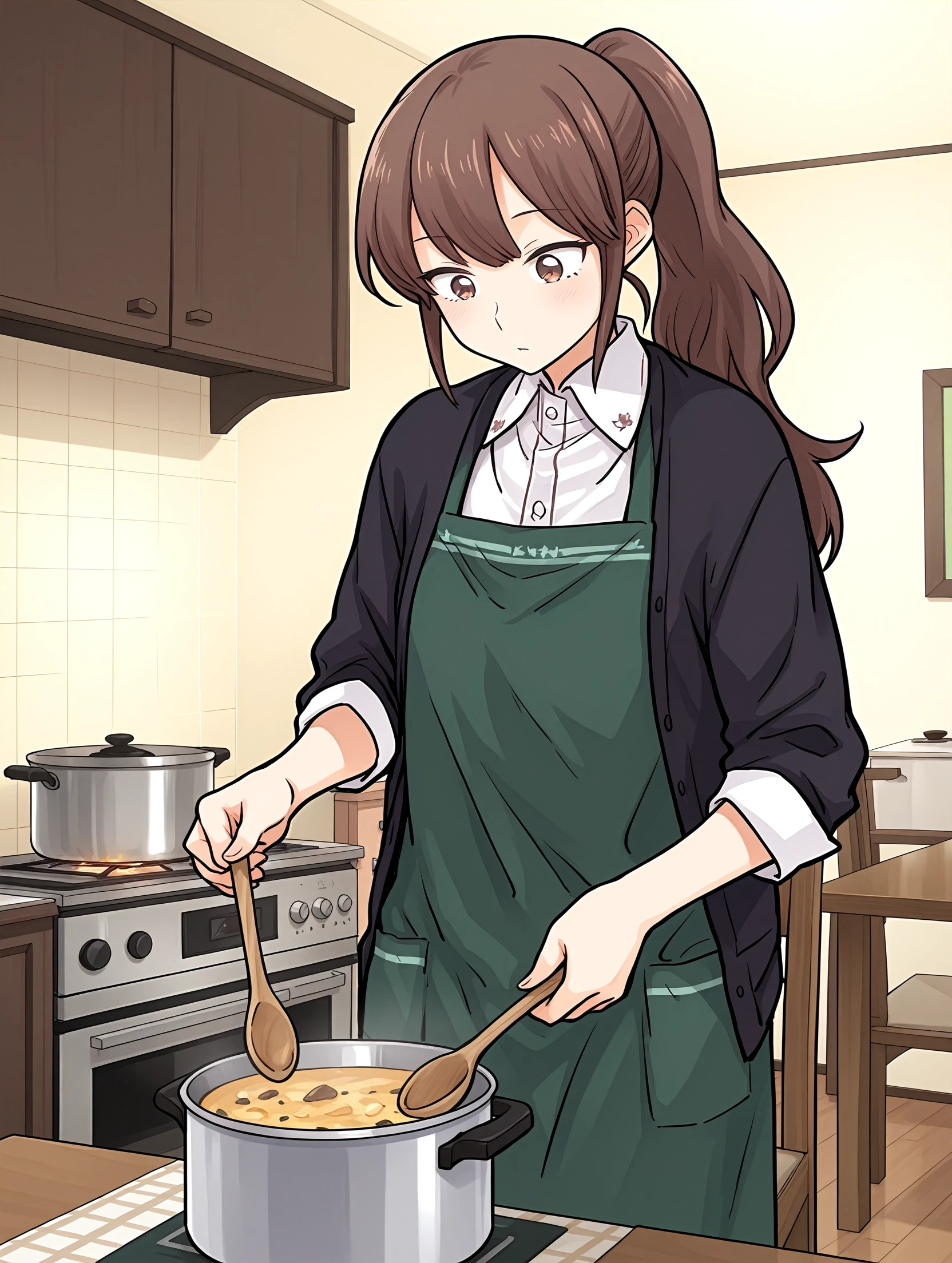 <lora:Yuna_Toomi_-_Illustrious:1> yuna toomi, sketch,
1girl, green apron, chair, table, statind in kitchen, indoors, white shirt,
cooking, cooking pot, holding wooden spoon, looking down, black jacket,
masterpiece,best quality,amazing quality,