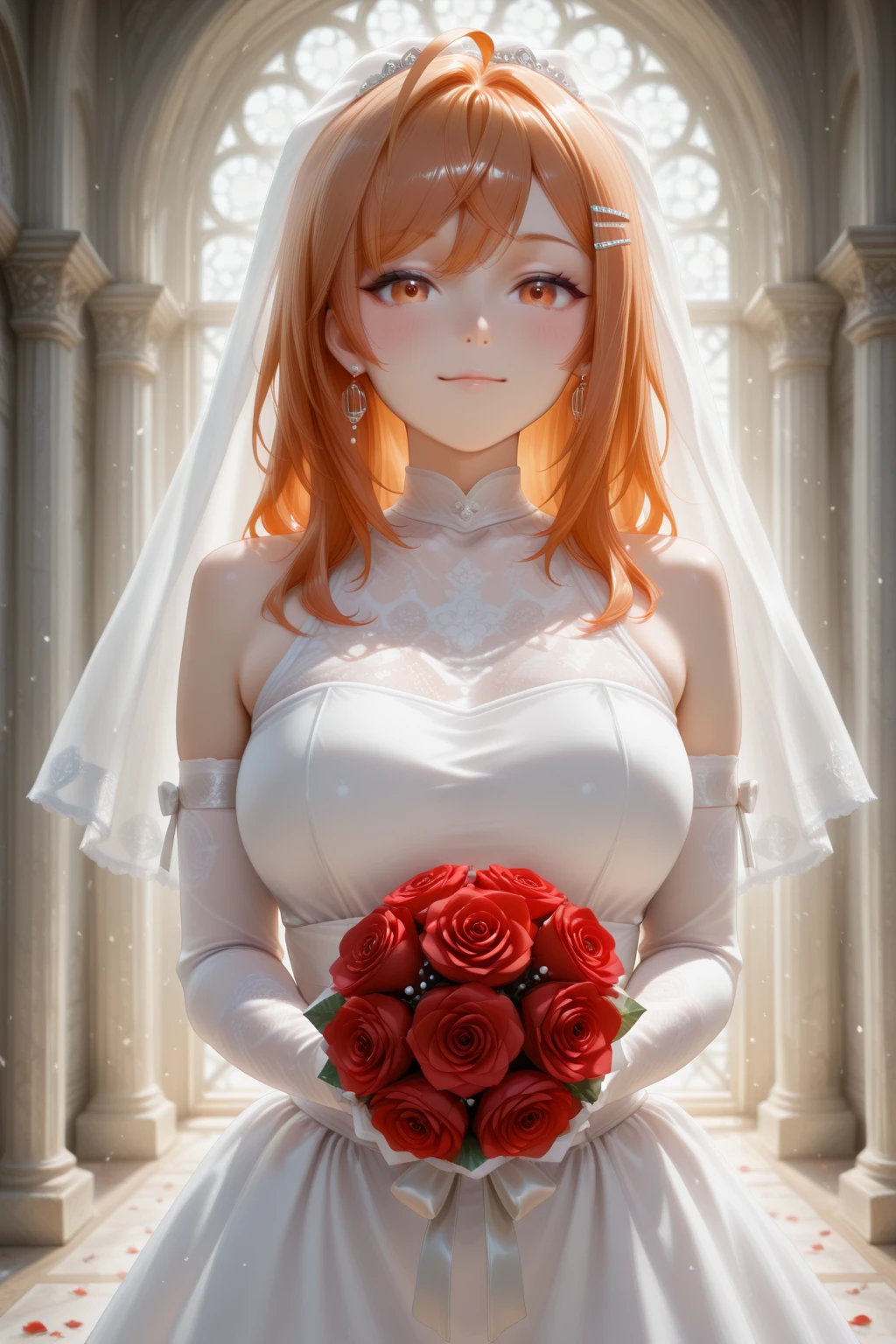 ((unity 16k wallpaper, masterpiece, best quality, ultra-detailed, extremely detailed CG, caustics, cinematic lighting, detailed, beautiful detailed eyes, NSFW: 2.0, 30 years old, dynamic pose)), Ultra high resolution, ((cleavage)), fine skin, (cute: 1.2), collarbone, ((JPOP idol)), ((attractive)), (paul white wedding dress: 2.0, wedding veil, wide prairie: 2.0, wedding, bride, holding one bouquet with both hands: 2.0, orange hair))