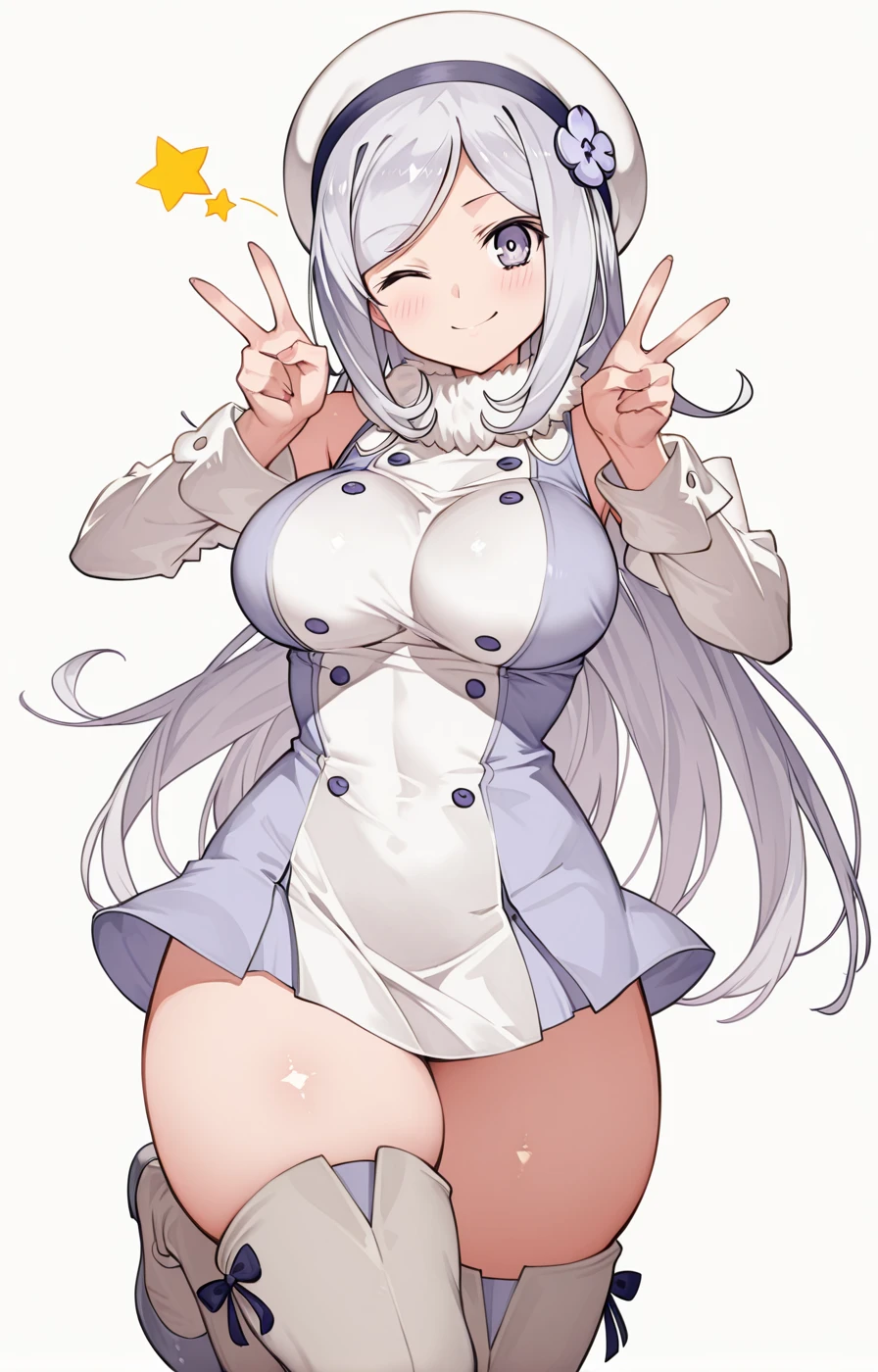 <lora:ToridamonoIL:1>
standing, double v, one eye closed, skindentation, looking at viewer, thick thighs, ((simple background, empty background, white background)), standing on one leg, cowboy shot, star \(symbol\), smile, happy,
aila jyrkiainen, silver hair, purple eyes, long hair,, (masterpiece),(best quality),amazing quality,extreamly delicate and beautiful,illustration,absurdres, high quality, anime style illustration,, 1girl, solo,solo_focus,