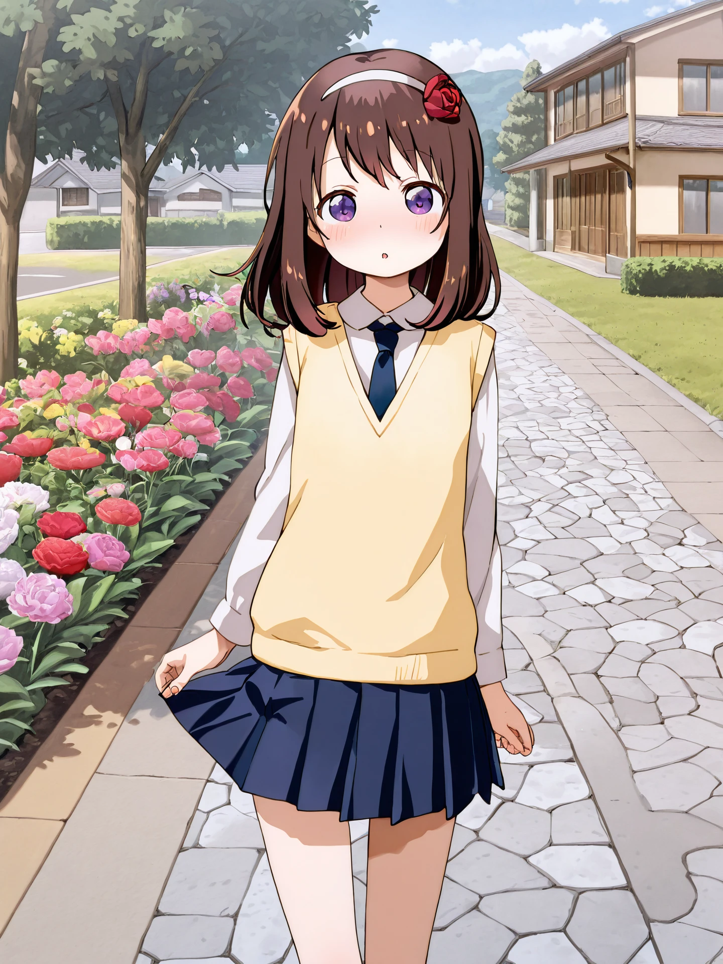 <lora:ST_Yuru_Yuri_0R:0.5>, yuruyuristyle
<lora:Yaeno_Miho_0R:0.7>, yaenomiho
purple eyes, dark brown hair, medium hair, white hairband, hair flower, petite, slim, thin thighs, thin legs, narrow hips
school uniform, yellow sweater vest, white shirt, blue necktie, blue skirt, white legwear
<lora:CC_Aesthetic_Masterpiece_1:1>, masterpiece, best quality, amazing quality, very aesthetic, absurdres, detailed background
1girl, solo, looking at viewer, dynamic pose, blush, (open mouth:0.5)
(outdoors, japan, toyama, toyama prefecture, town, building, tree, flower bed, grass, bush, street, stone floor)