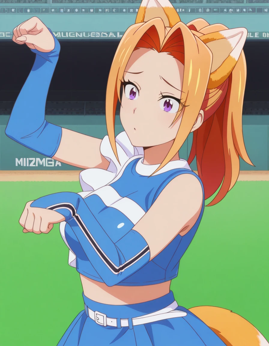 masterpiece, best quality, amazing quality,, <lora:sachi-takamiya-s1-illustriousxl-lora-nochekaiser:1>, sachi takamiya, long hair, orange hair, purple eyes, ponytail, hair intakes, mature female, breasts, anime screencap, <lora:kitsune-dance-illustriousxl-lora-nochekaiser:1>, kitsune dance, cheerleader, layered skirt, paw pose, fox ears, white belt, fox tail, baseball stadium, blue shirt, blue skirt, crop top, sleeveless shirt, midriff, ,