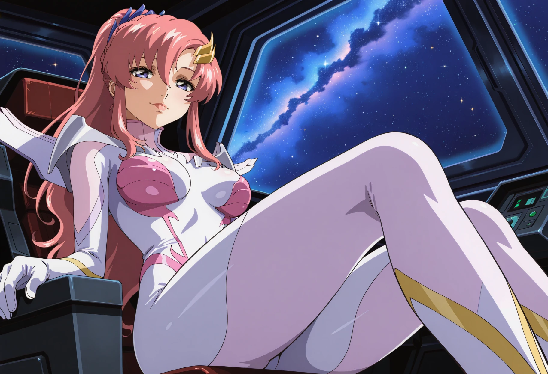 masterpiece,best quality,amazing quality,very aesthetic,absurdres, explicit,<lora:lacus_c_IL1-300009:0.85> lacus_c, 1girl, anime coloring, retro artstyle,solo, long hair, high ponytail, pink hair, hair ornament, hair between eyes, purple eyes, lipstick, lacus pilot suit, pink white bodysuit, pilot gloves, shoulder armor, medium breasts, half-closed eyes, light smile, closed mouth, sitting, cockpit,window, space, starry sky, spaceship interior, space, looking at viewer, from below,