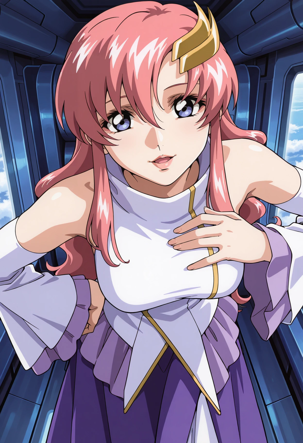 masterpiece,best quality,amazing quality,very aesthetic,absurdres, explicit,<lora:lacus_c_IL1-300009:0.85> lacus_c, 1girl, anime coloring, retro artstyle,solo, long hair, pink hair, hair between eyes, purple eyes, lips, lipstick, lacus white dress, turtleneck,bare shoulders, detached sleeves,purple skirt, lacus long skirt, medium breasts, hand on own chest, hand on own hip, leaning forward, standing,light smile, open mouth, looking at viewer, spaceship interior