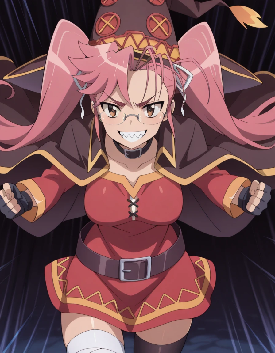 masterpiece, best quality, amazing quality,, <lora:saya-takagi-s1-illustriousxl-lora-nochekaiser:1>, saya takagi, takagi saya, long hair, ribbon, twintails, brown eyes, hair ribbon, pink hair, glasses, mature female, breasts, anime screencap, <lora:megumin-cosplay-illustriousxl-lora-nochekaiser:1>, megumin cosplay, megumin (cosplay), thighhighs, gloves, hat, dress, black gloves, belt, black thighhighs, fingerless gloves, cape, collar, witch hat, bandages, red dress, single thighhigh, asymmetrical legwear, bandaged leg,, <lora:dynamic-pose-illustriousxl-lora-nochekaiser:1>, dynamic pose, incoming attack, cowboy shot, evil_smile,sharp_teeth,glare, , , ,