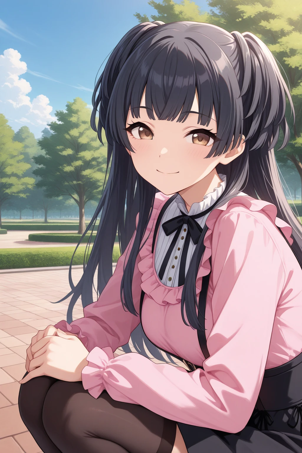 very awa, detailed eyes, shining eyes, masterpiece, best quality, ultra-detailed, (8k), (hdr), (ultra-detailed), absurdres, looking at viewer, solo, 1girl, girl, outdoors, park, day, blue sky, smile, aafuyuko, brown eyes, black hair, two side up, fuyukopink, jirai kei, black neck ribbon, frilled shirt collar, white shirt collar, pink shirt, long sleeves, frilled sleeves, black skirt, high-waist skirt, suspender skirt, black thighhighs, frills, ((squatting, from side, cowboy shot))